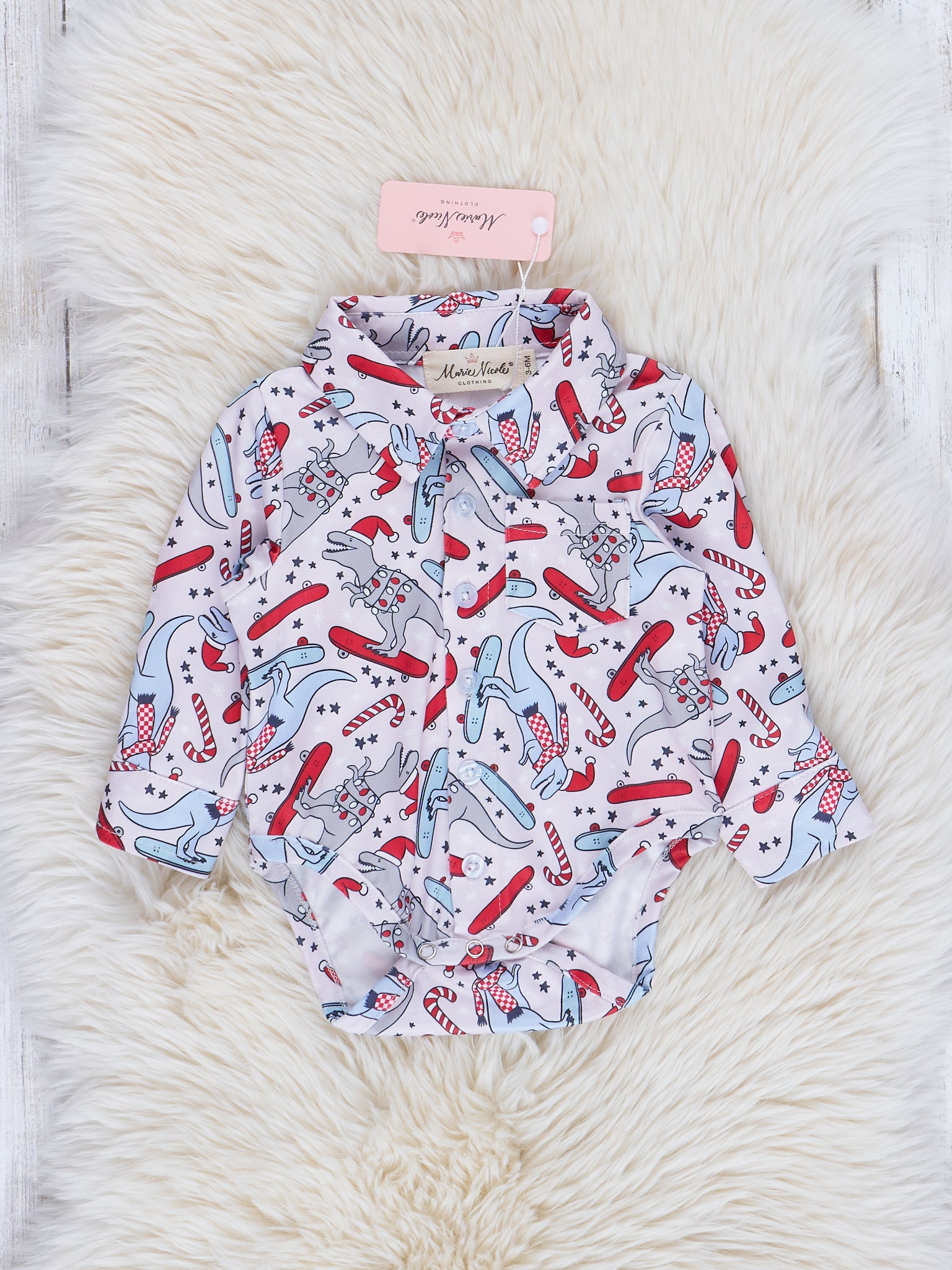 Grey & Blue Skating Holiday Dinosaurs Romper - Marie Nicole Clothing