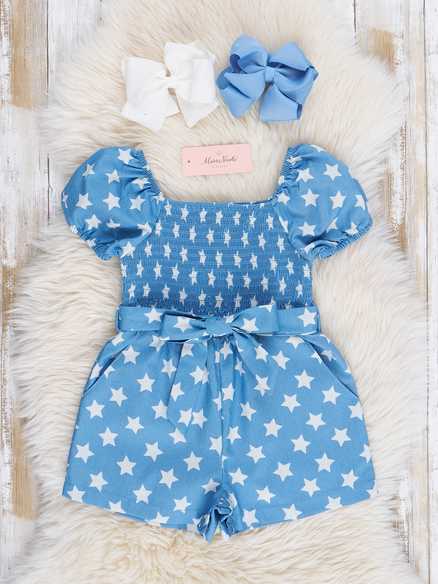 Chambray Stars Smocked Romper - Marie Nicole Clothing