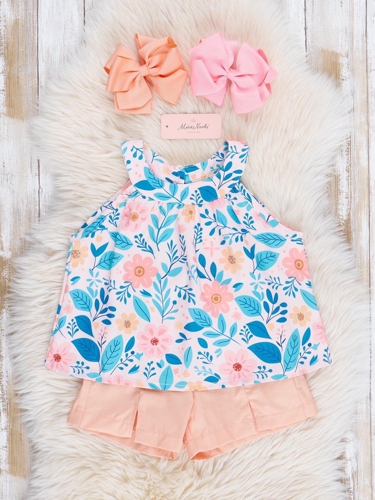 Peach & Blue Floral Sailor Shorts Outfit - Marie Nicole Clothing