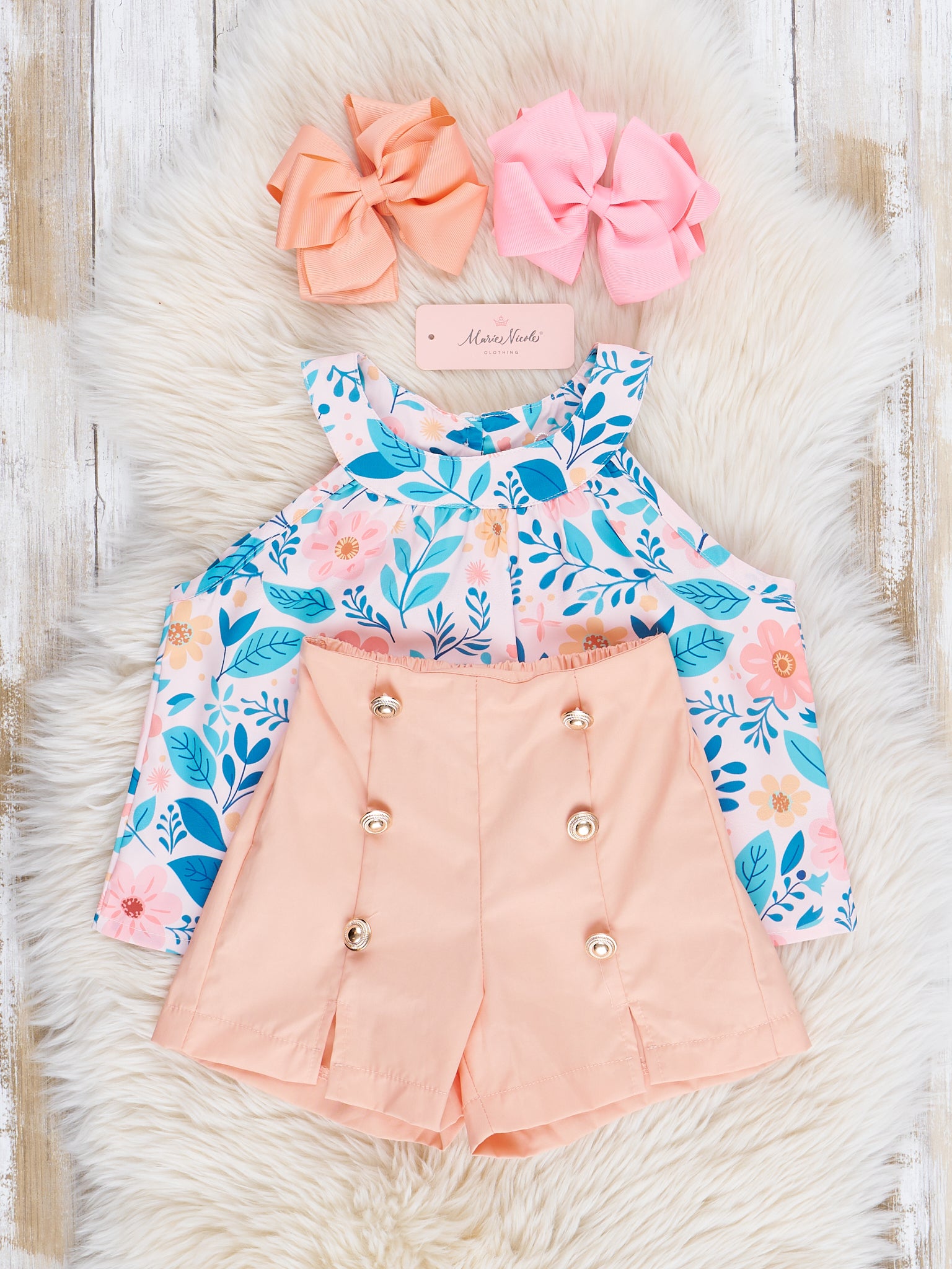 Peach & Blue Floral Sailor Shorts Outfit - Marie Nicole Clothing