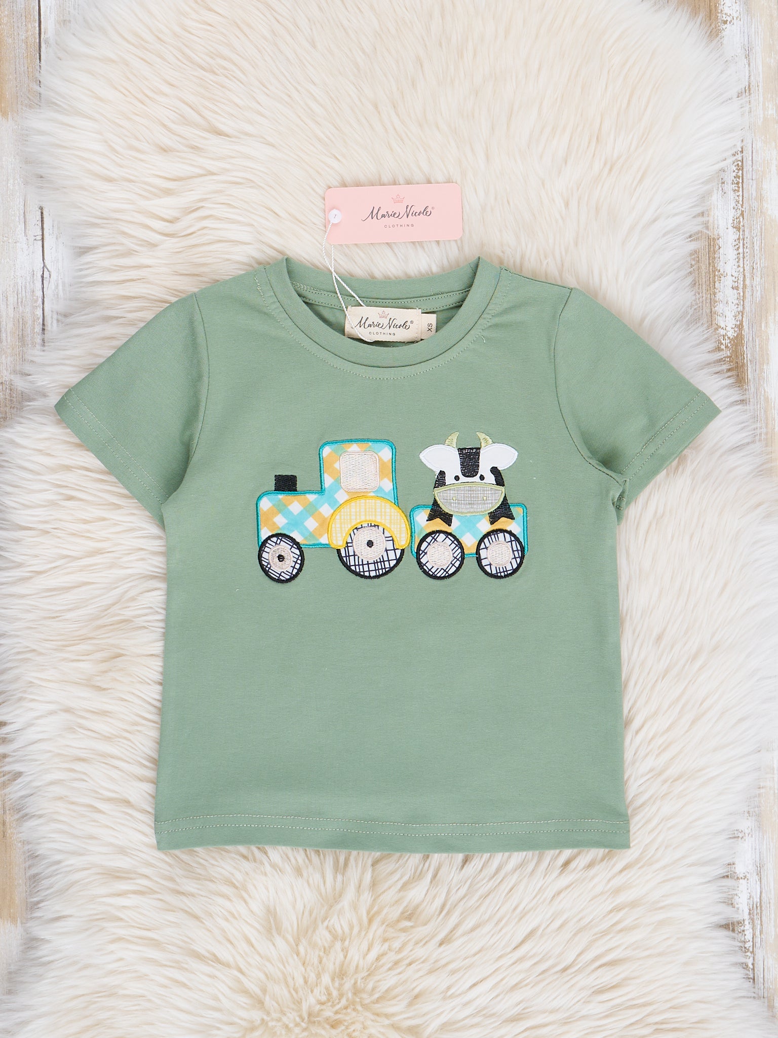 Green Embroidered Cow Train Shirt - Marie Nicole Clothing