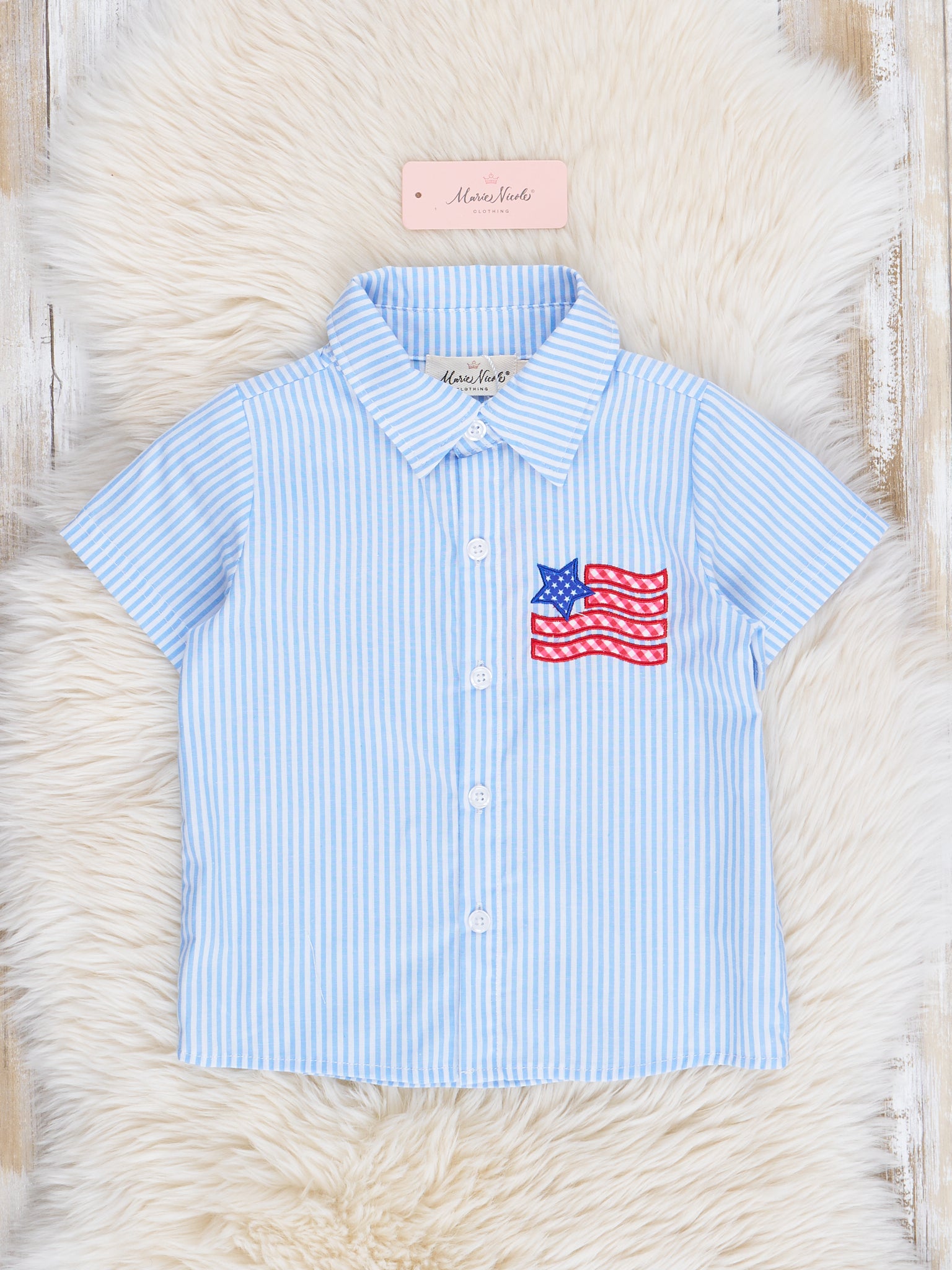 Blue Stripes Embroidered Flag Button Up Shirt - Marie Nicole Clothing
