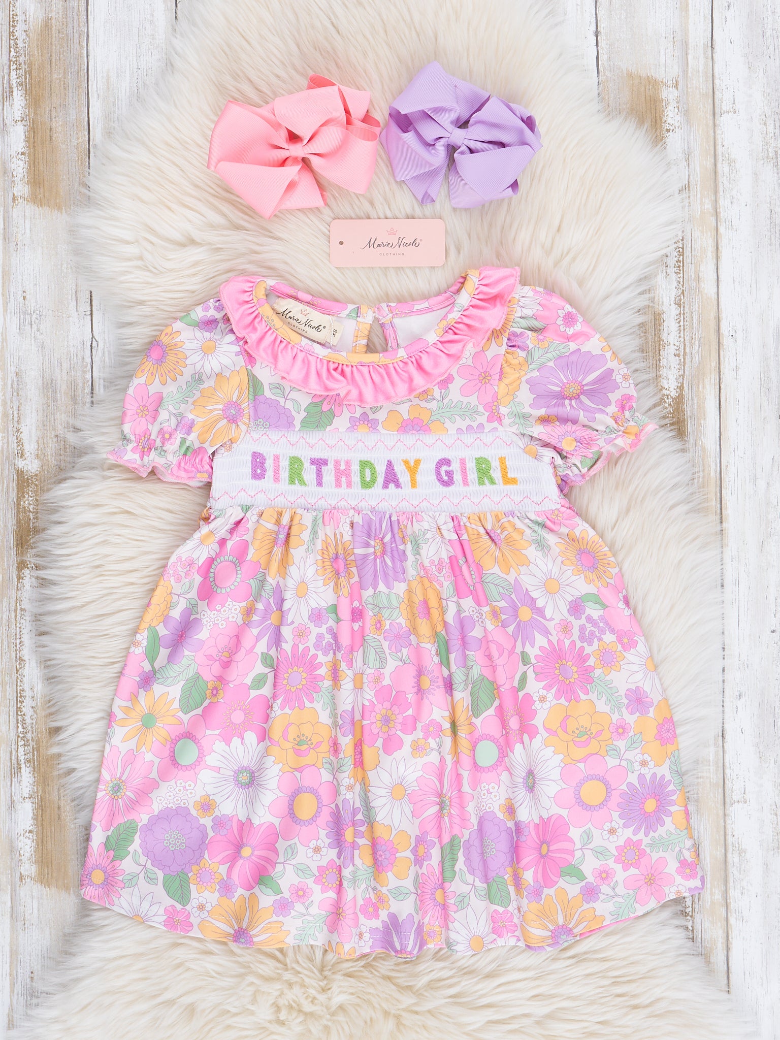 Pink & Purple Floral Birthday Girl Smocked Dress - Marie Nicole Clothing