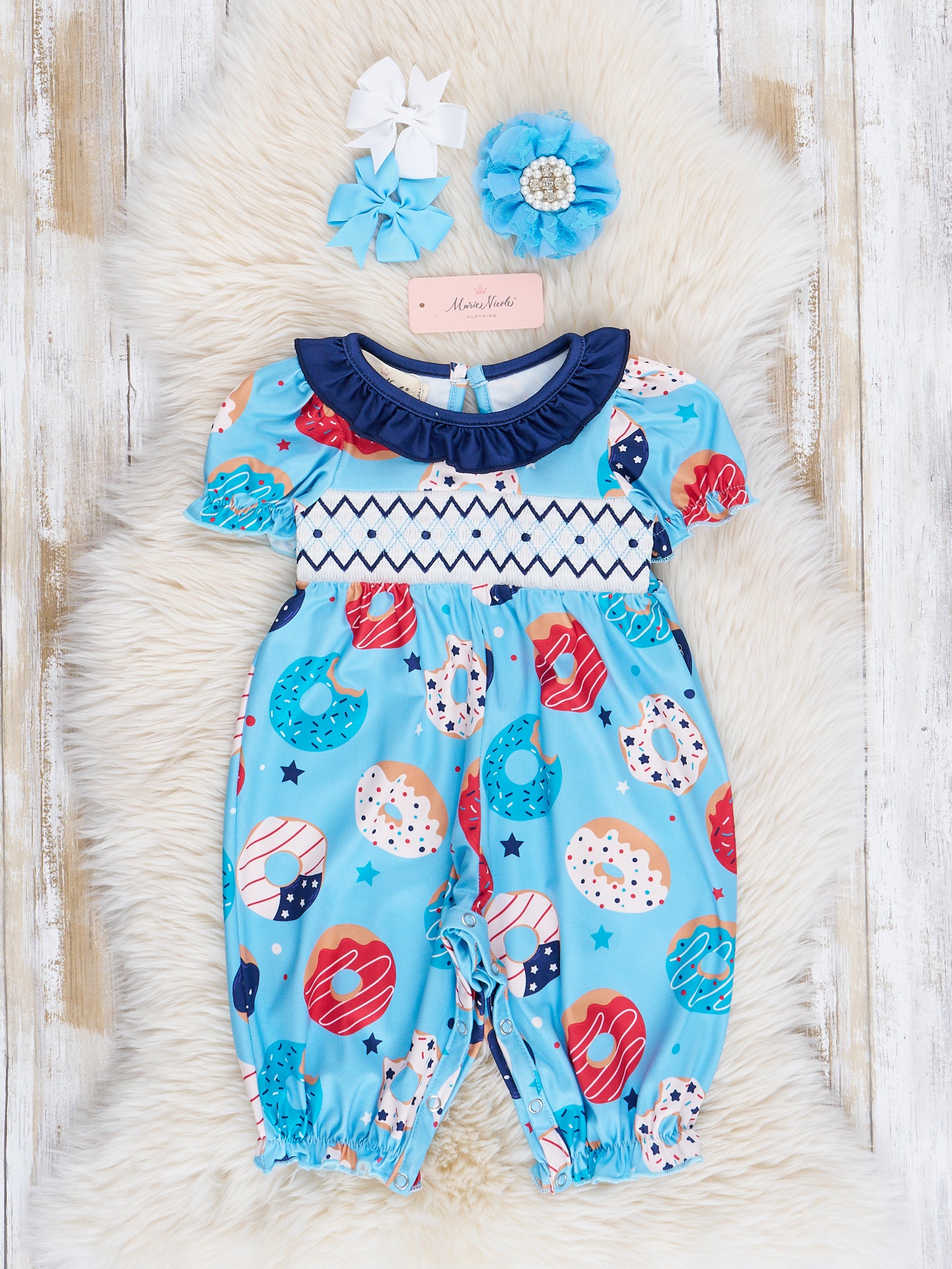 Blue Patriotic Donuts Smocked Romper - Marie Nicole Clothing