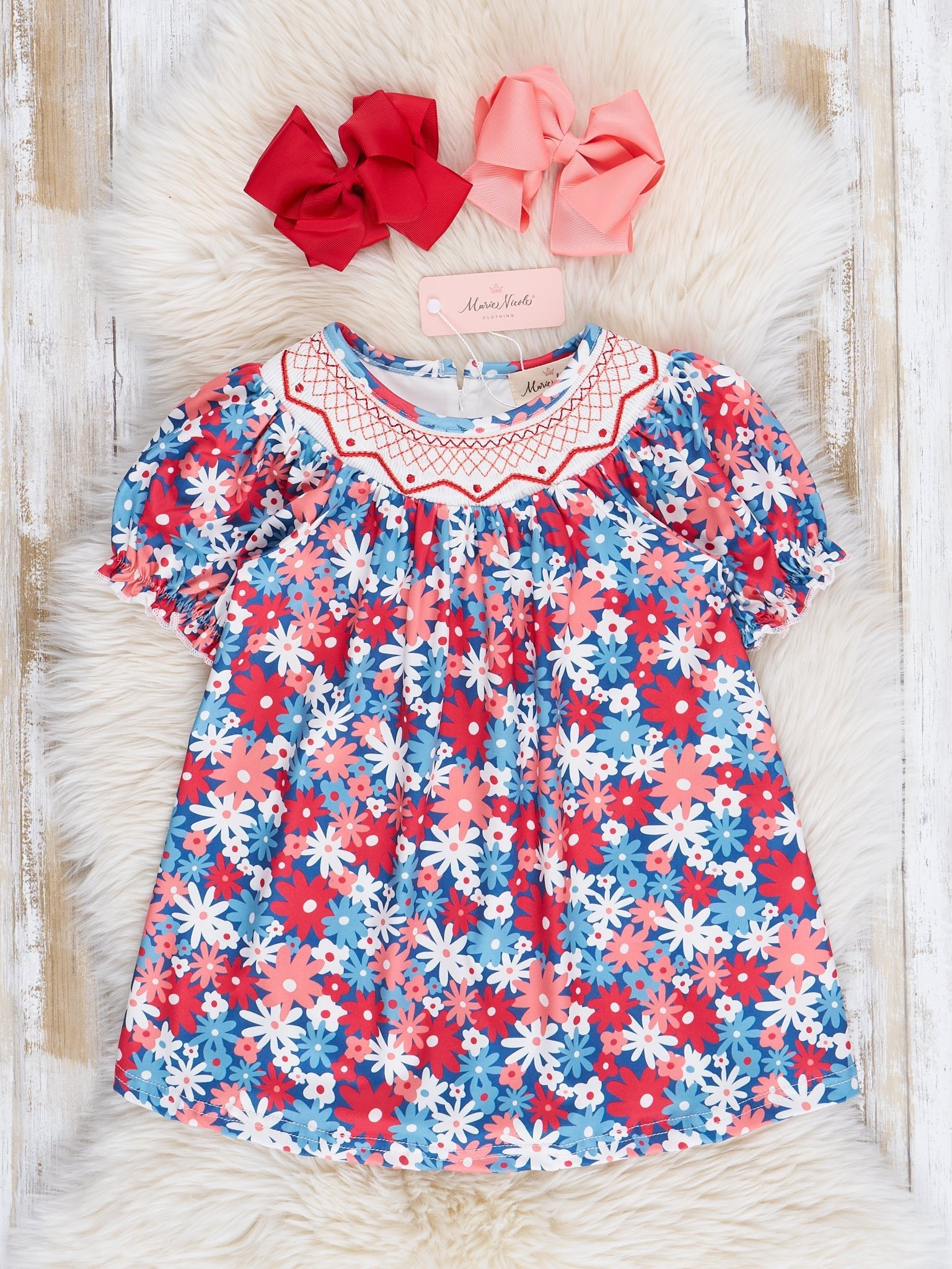 Red, White & Blue Daisies Smocked Dress - Marie Nicole Clothing