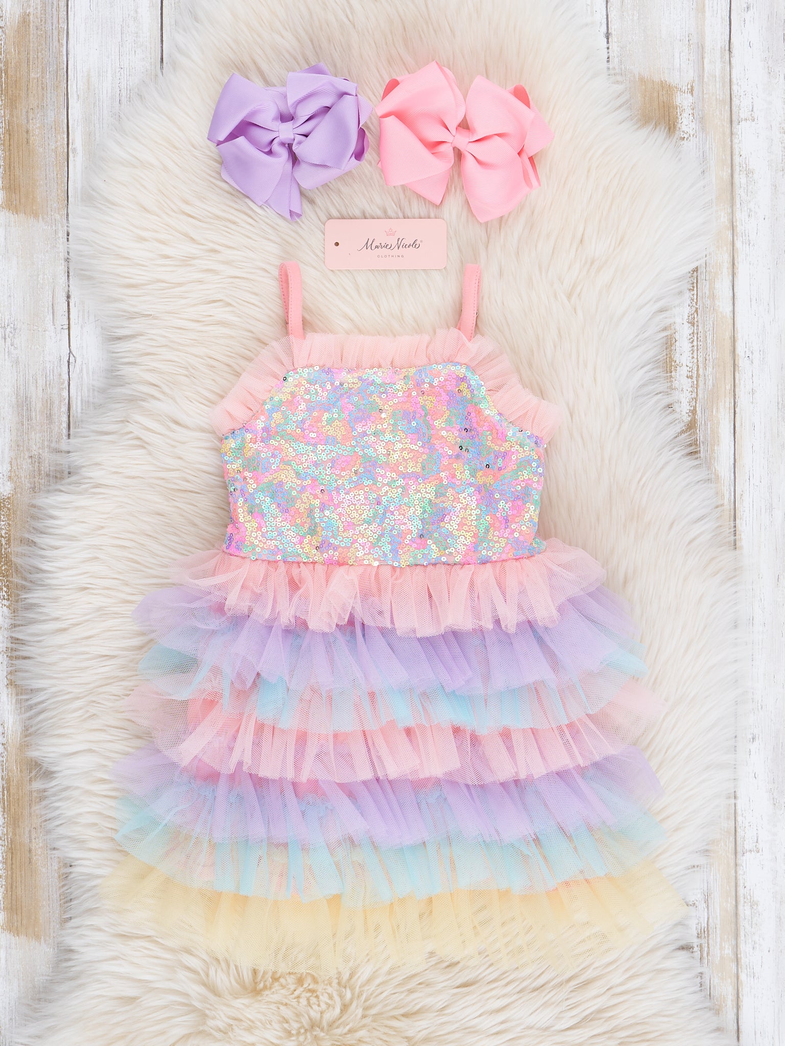 Rainbow Sequin Tiered Tulle Ruffle Dress - Marie Nicole Clothing