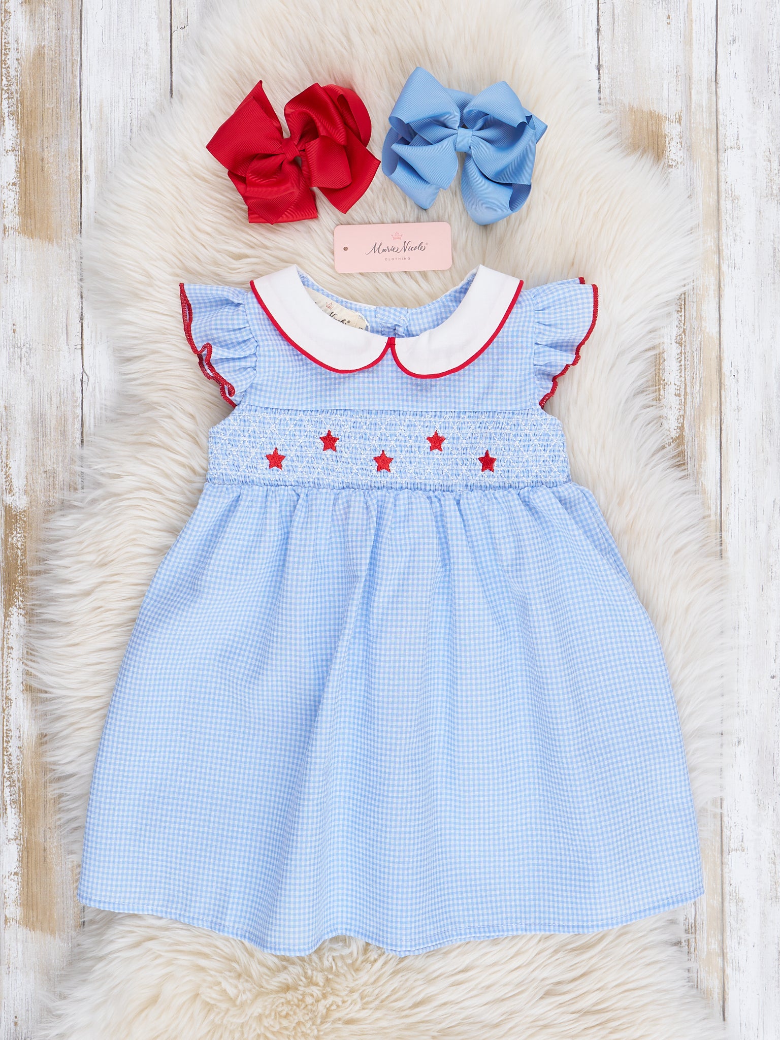 Soft Blue Smocked Stars Dress - Marie Nicole Clothing