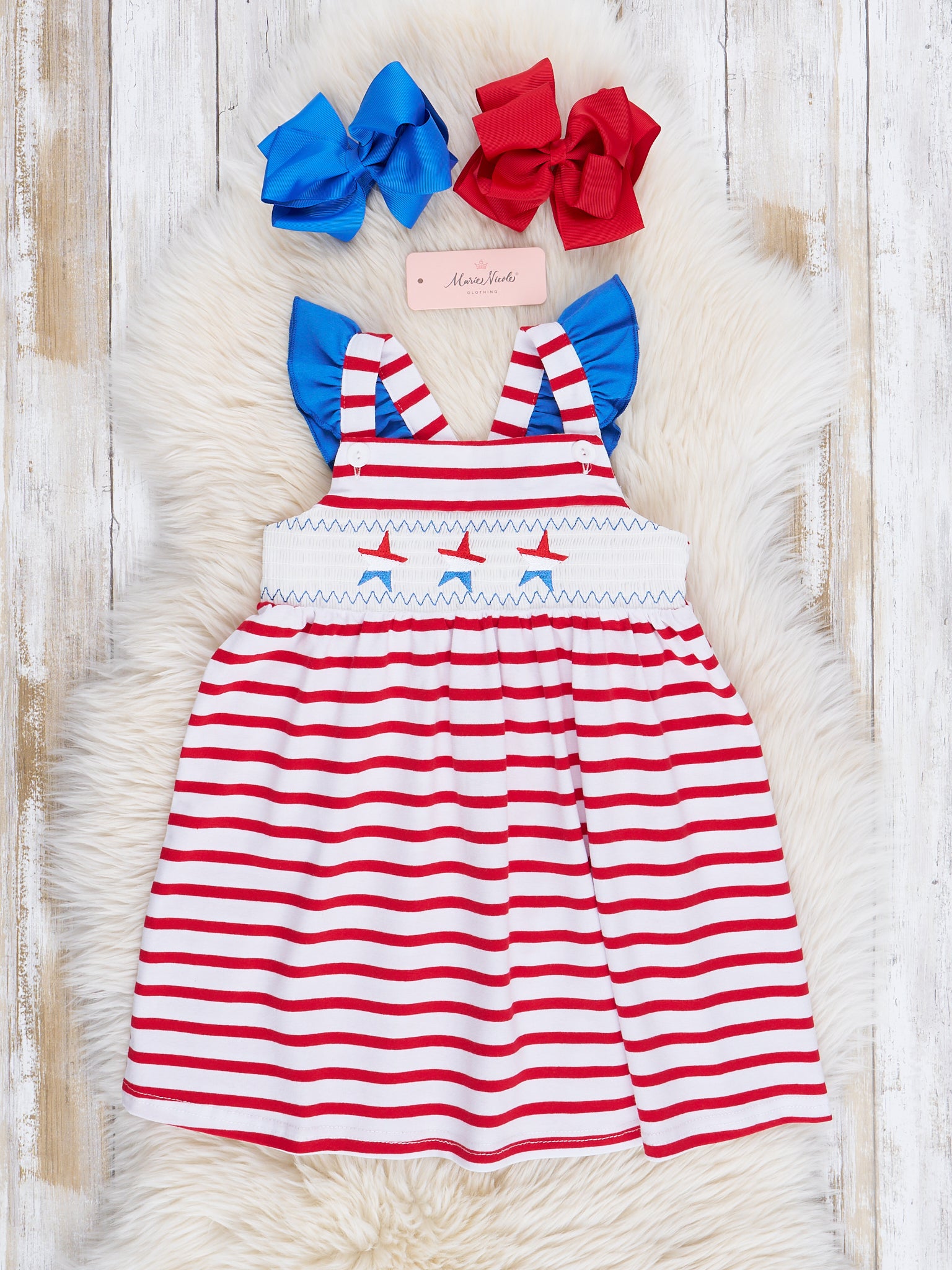 Red Stripes Smocked Stars Dress - Marie Nicole Clothing