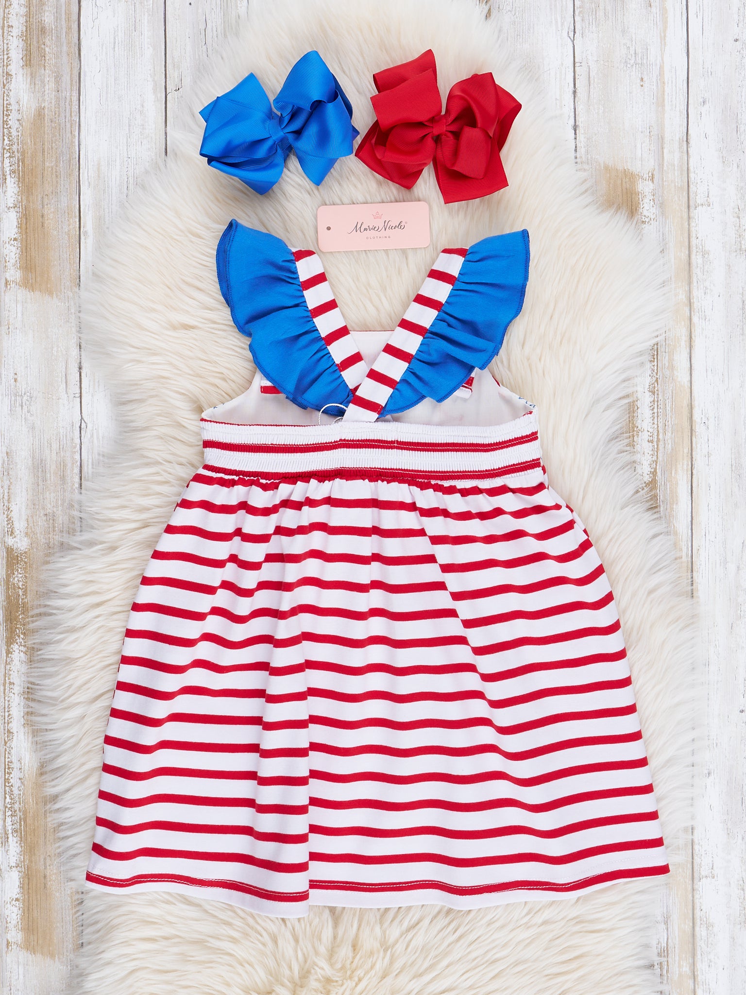 Red Stripes Smocked Stars Dress - Marie Nicole Clothing
