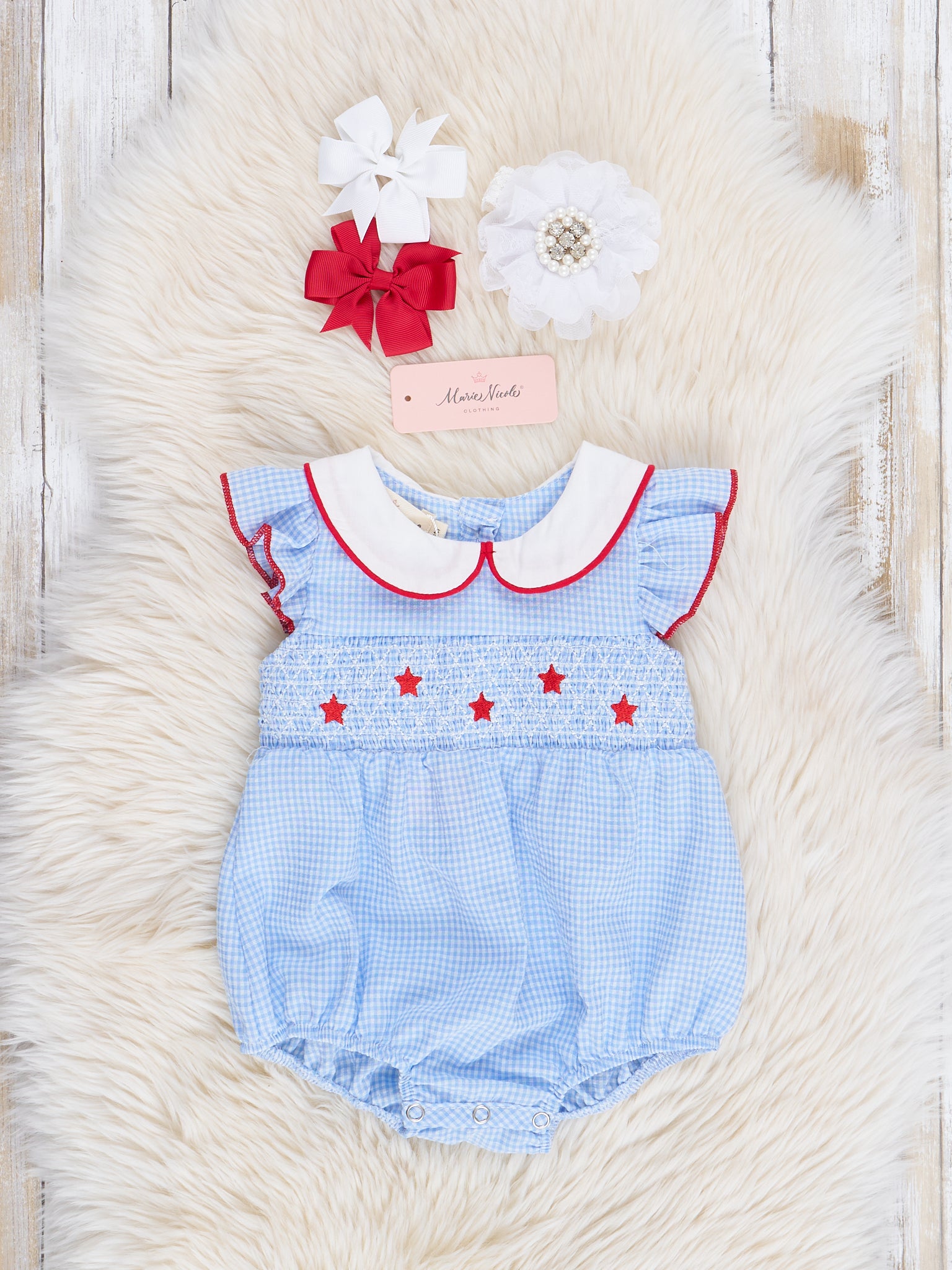 Soft Blue Smocked Stars Bubble Romper - Marie Nicole Clothing