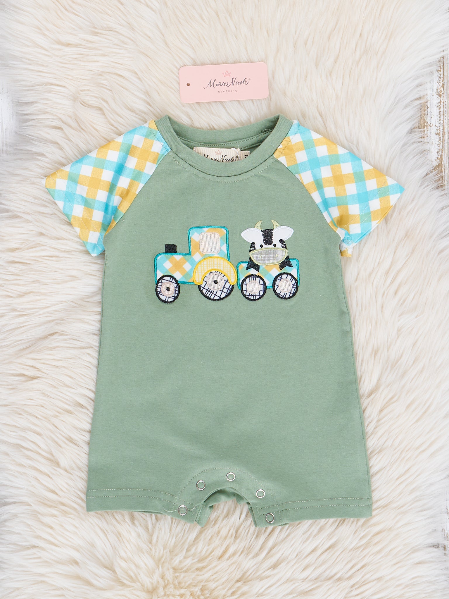 Green Embroidered Cow Train Romper - Marie Nicole Clothing