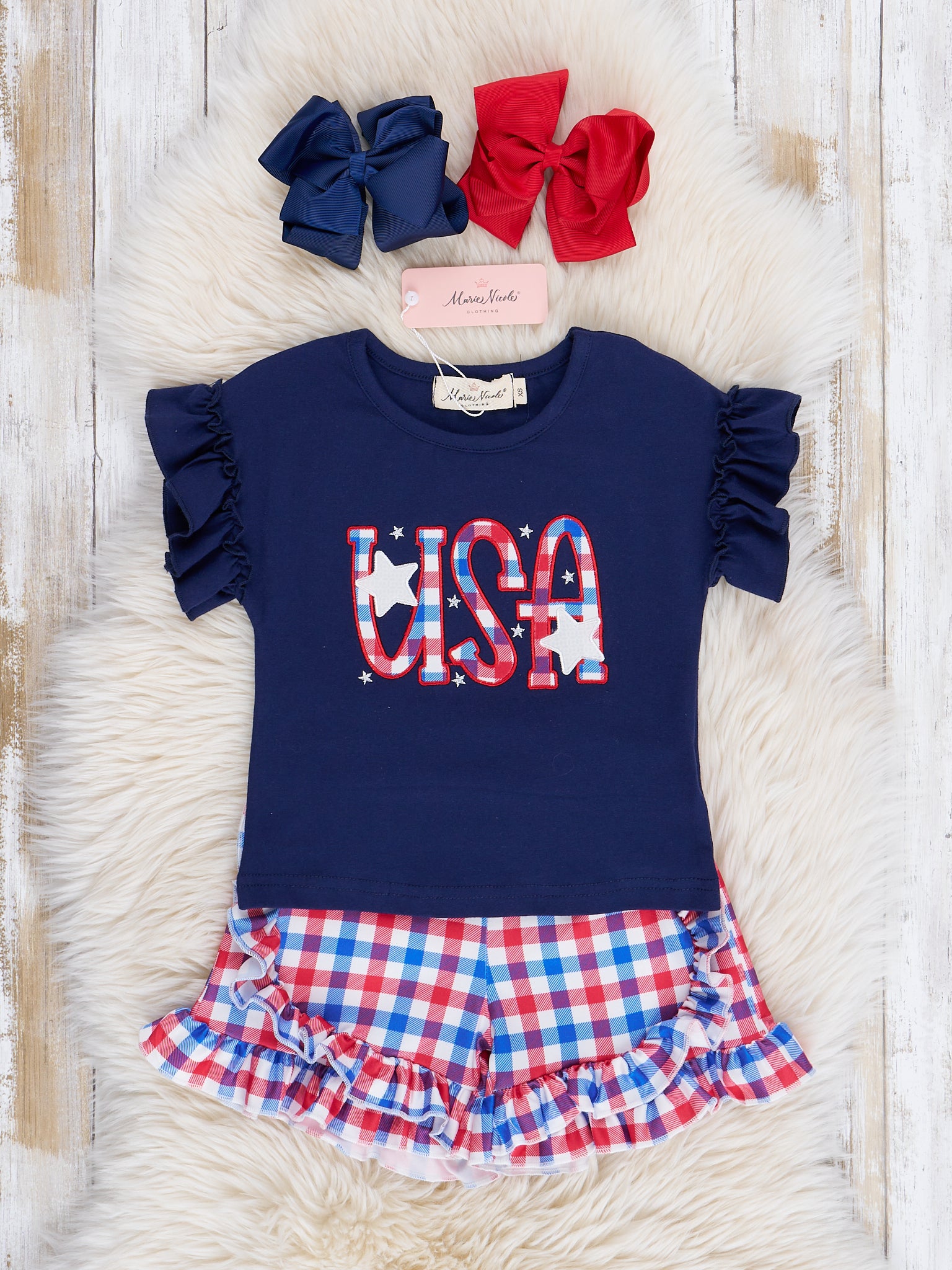 Red & Blue Gingham USA Ruffle Outfit - Marie Nicole Clothing