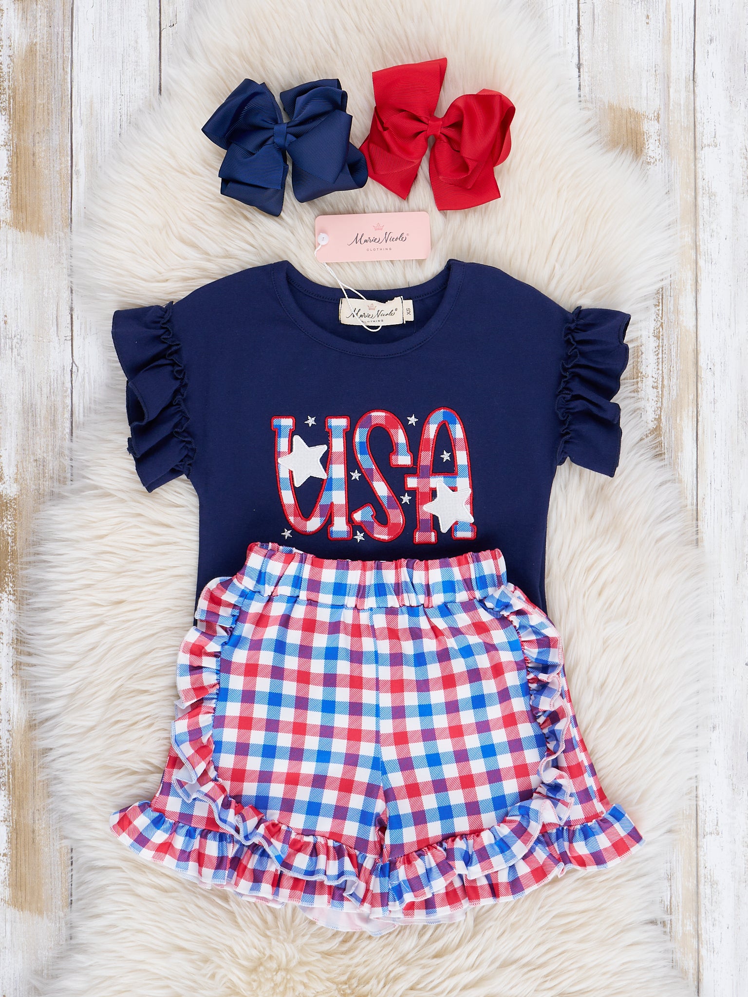 Red & Blue Gingham USA Ruffle Outfit - Marie Nicole Clothing