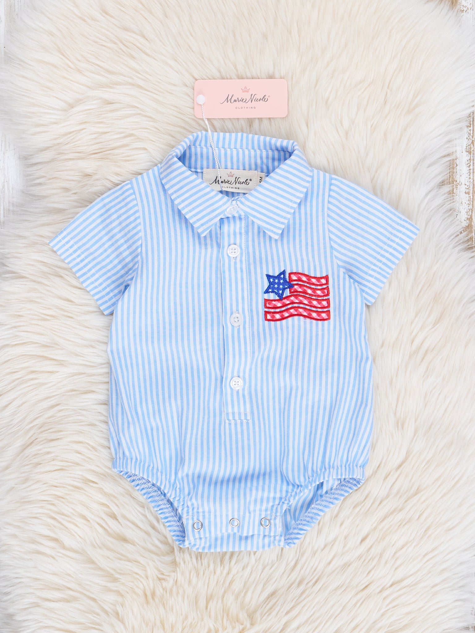 Blue Stripes Embroidered Flag Button Up Bubble Romper - Marie Nicole Clothing