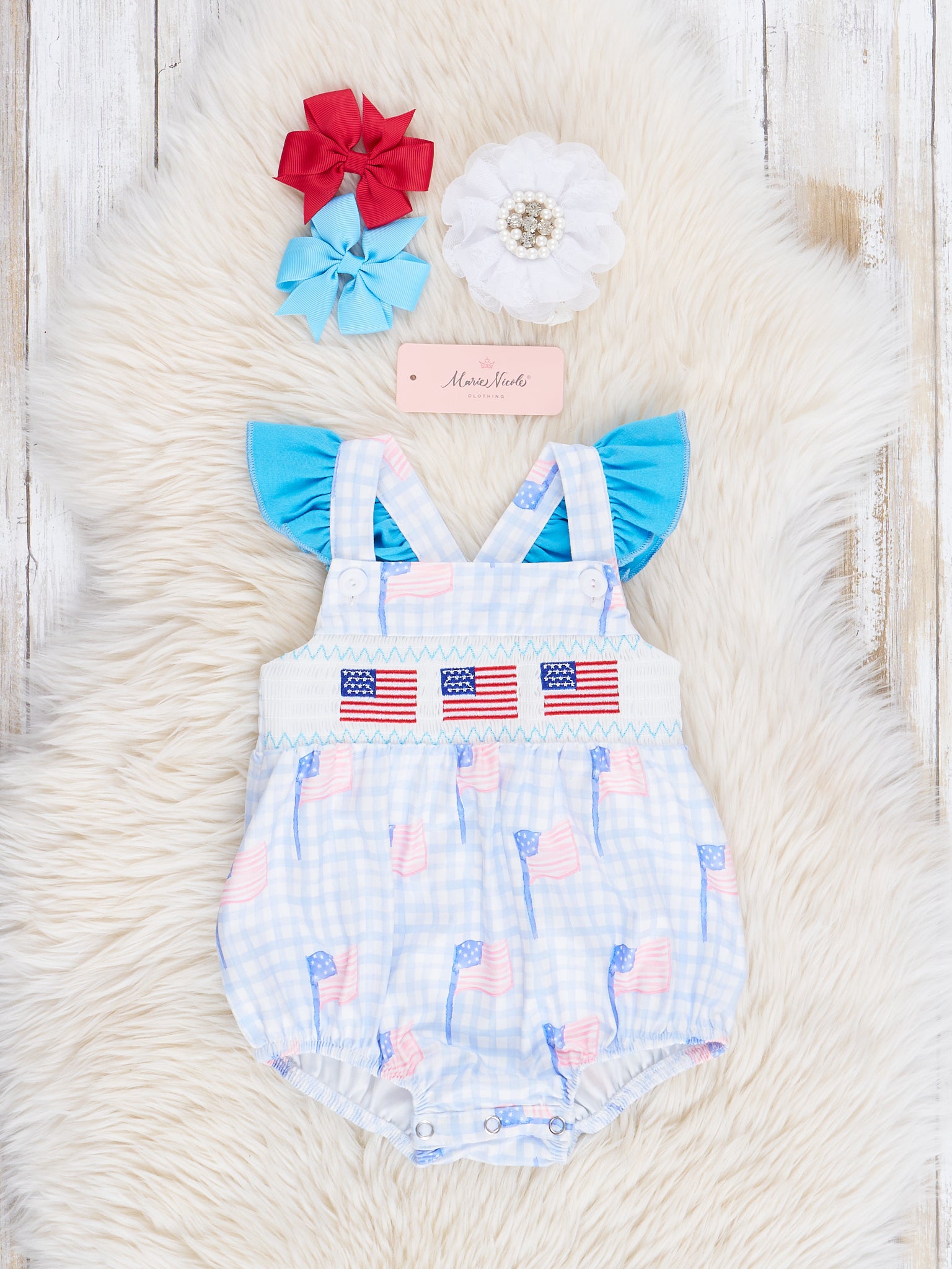 Blue Gingham American Flag Smocked Bubble Romper - Marie Nicole Clothing