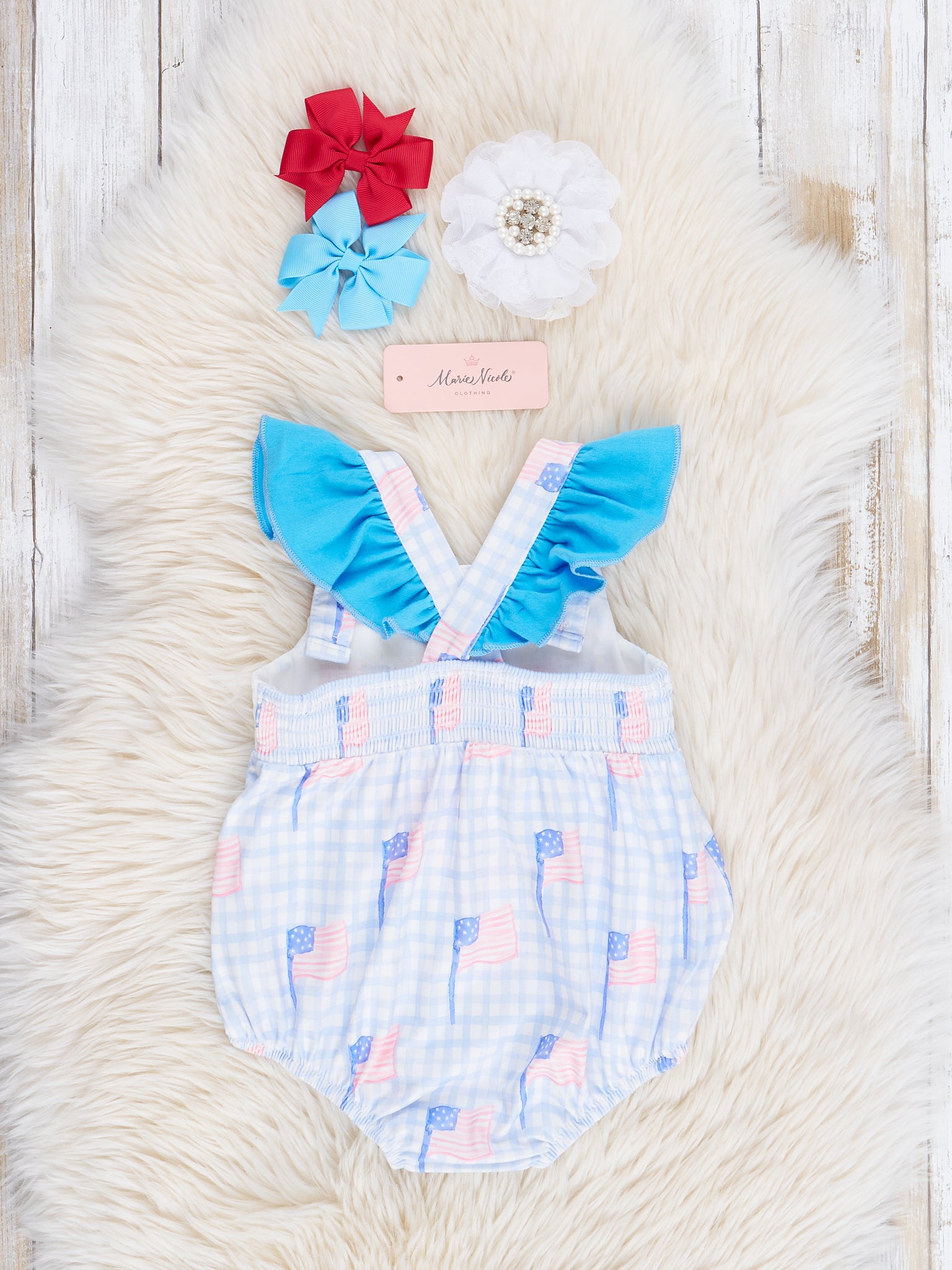 Blue Gingham American Flag Smocked Bubble Romper - Marie Nicole Clothing