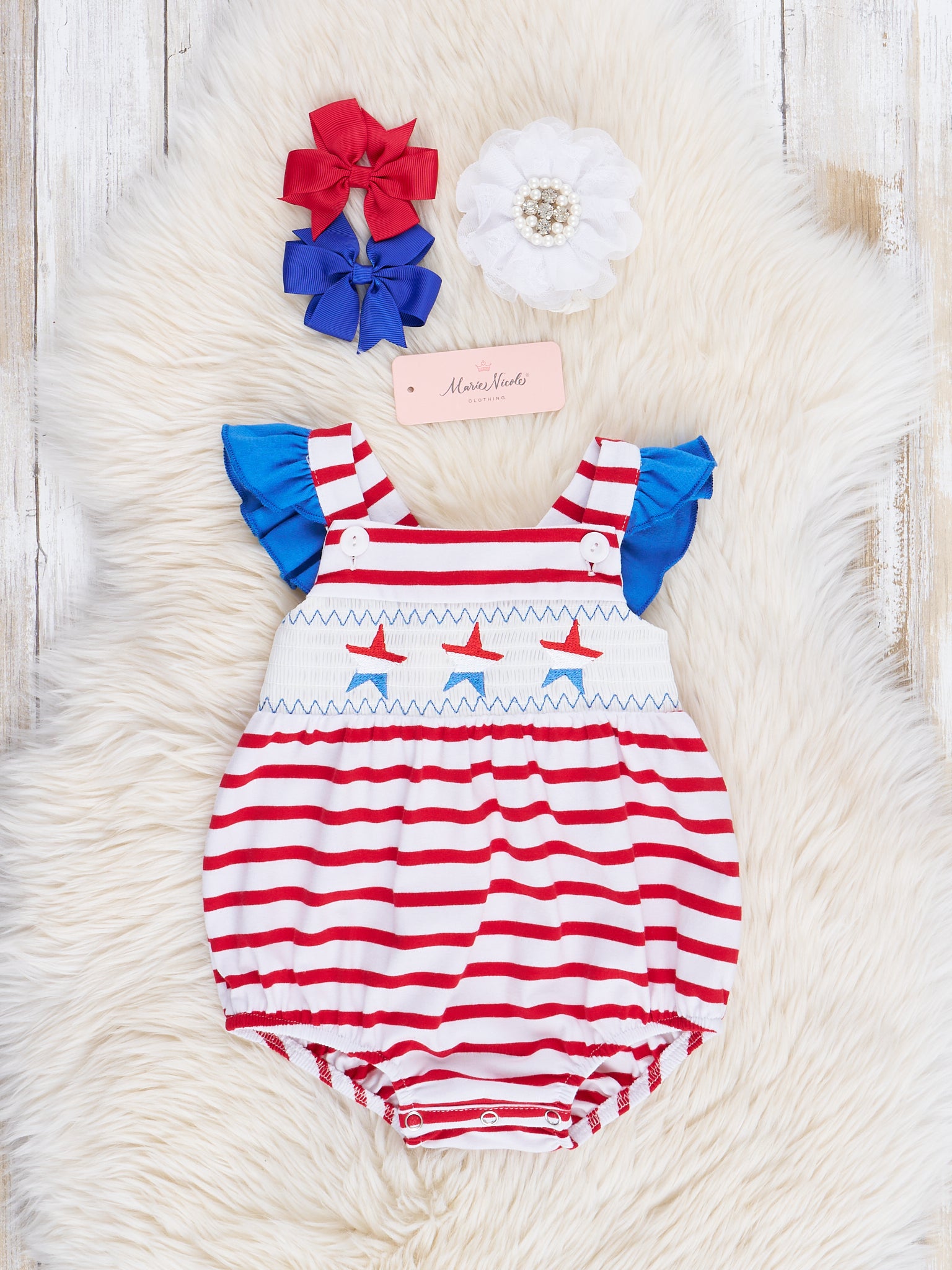 Red Stripes Smocked Stars Bubble Romper - Marie Nicole Clothing