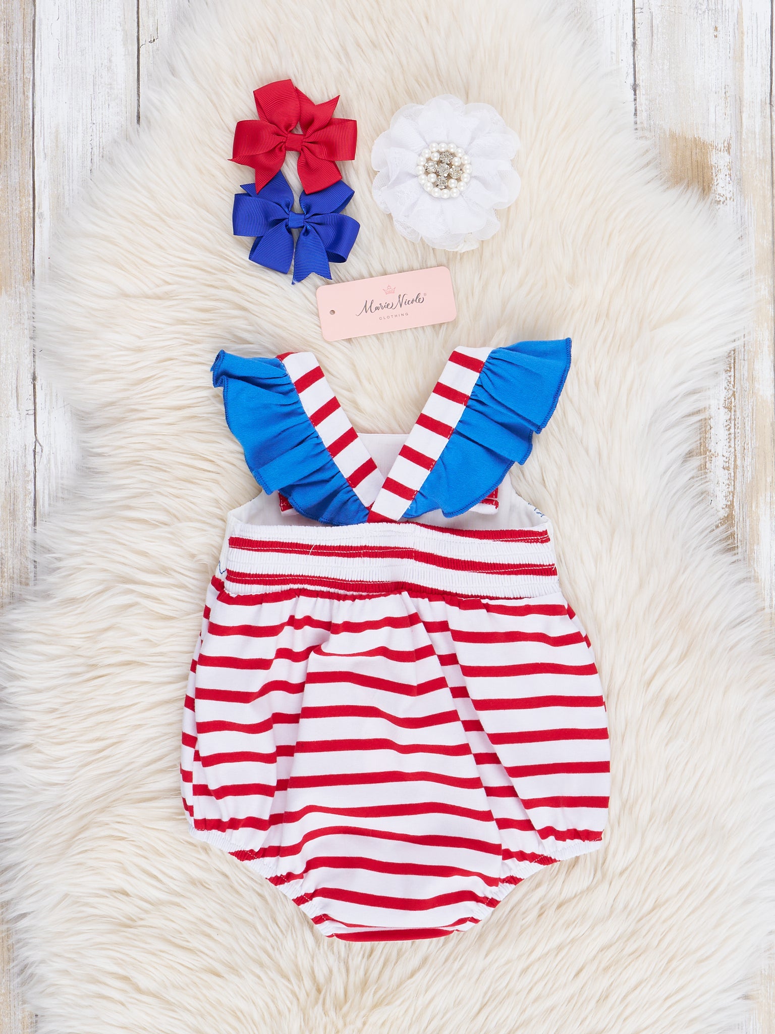 Red Stripes Smocked Stars Bubble Romper - Marie Nicole Clothing