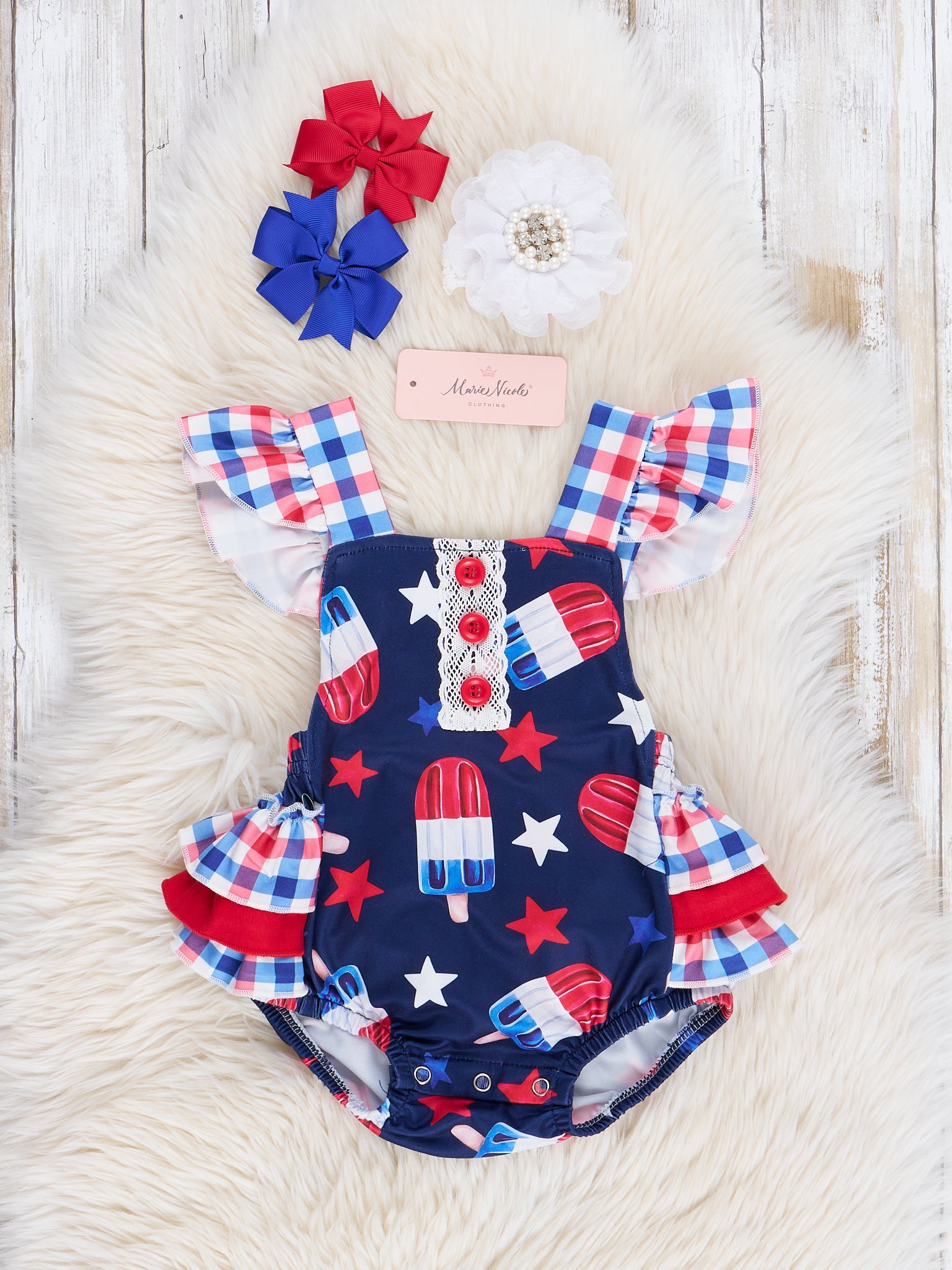 Red, White & Blue Gingham Treats Ruffle Bubble Romper - Marie Nicole Clothing
