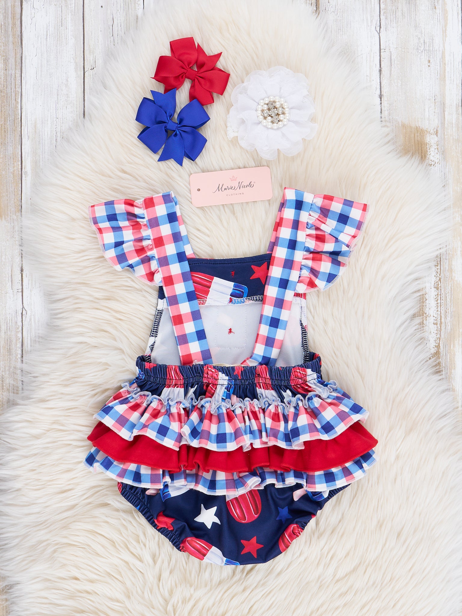 Red, White & Blue Gingham Treats Ruffle Bubble Romper - Marie Nicole Clothing