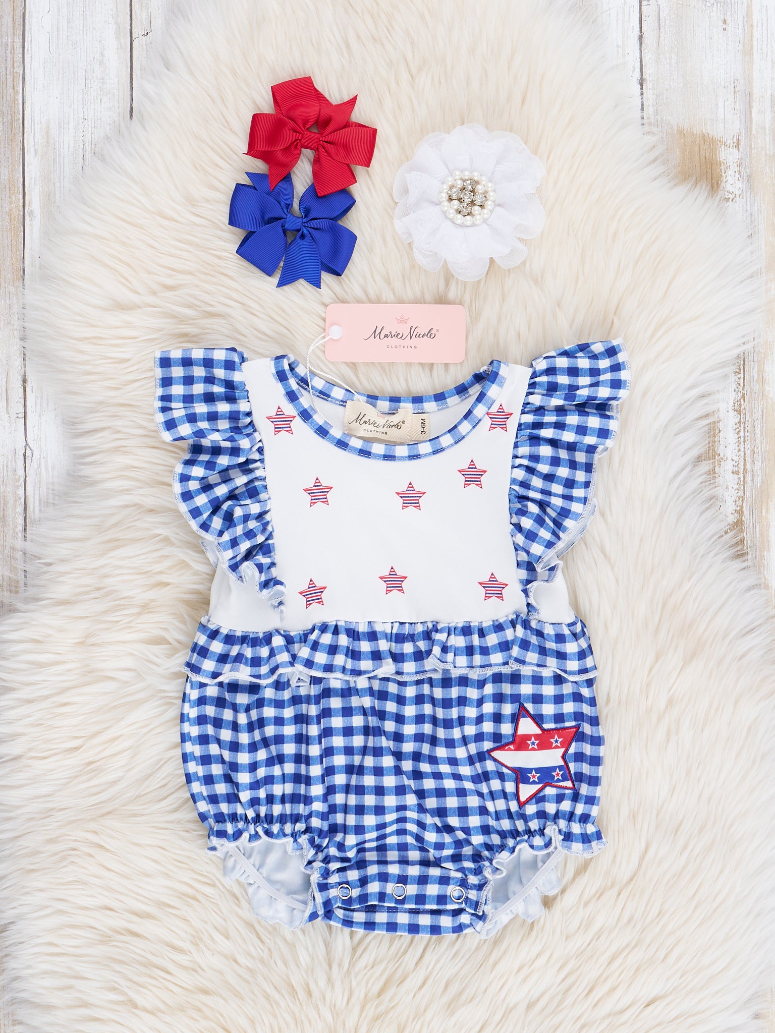 Blue Gingham Stars Ruffle Bubble Romper - Marie Nicole Clothing