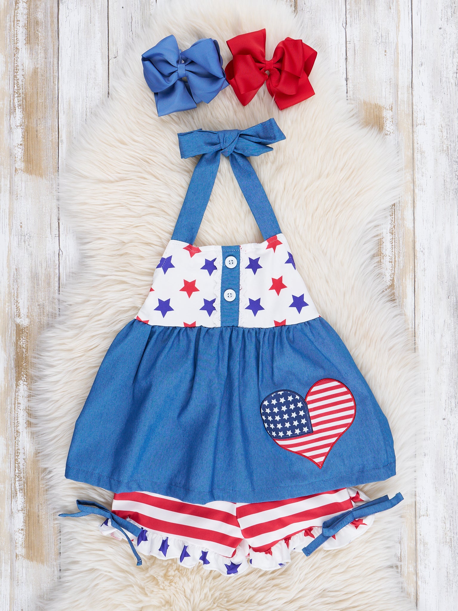 Chambray Stars & Stripes Ruffle Outfit - Marie Nicole Clothing