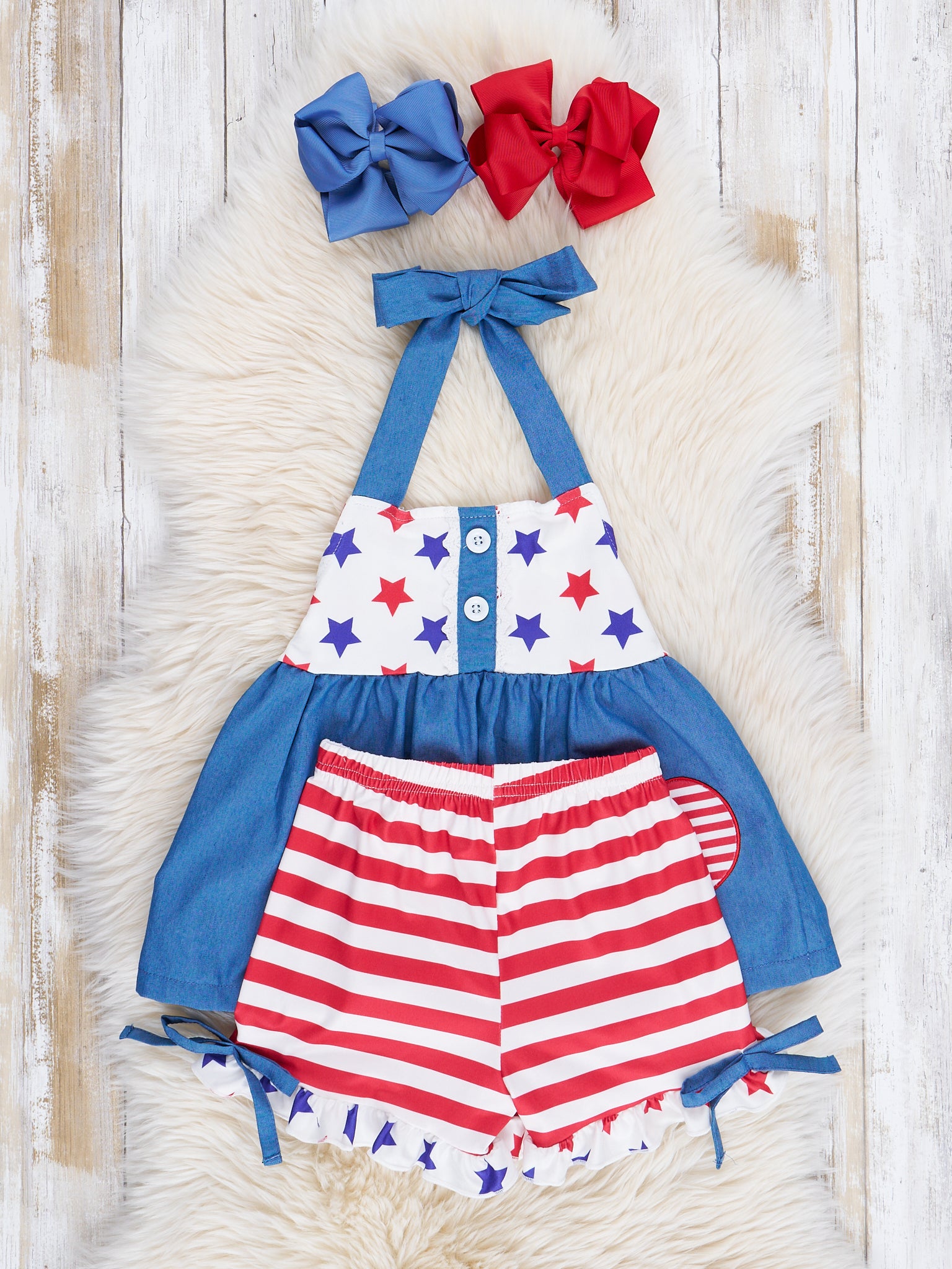 Chambray Stars & Stripes Ruffle Outfit - Marie Nicole Clothing