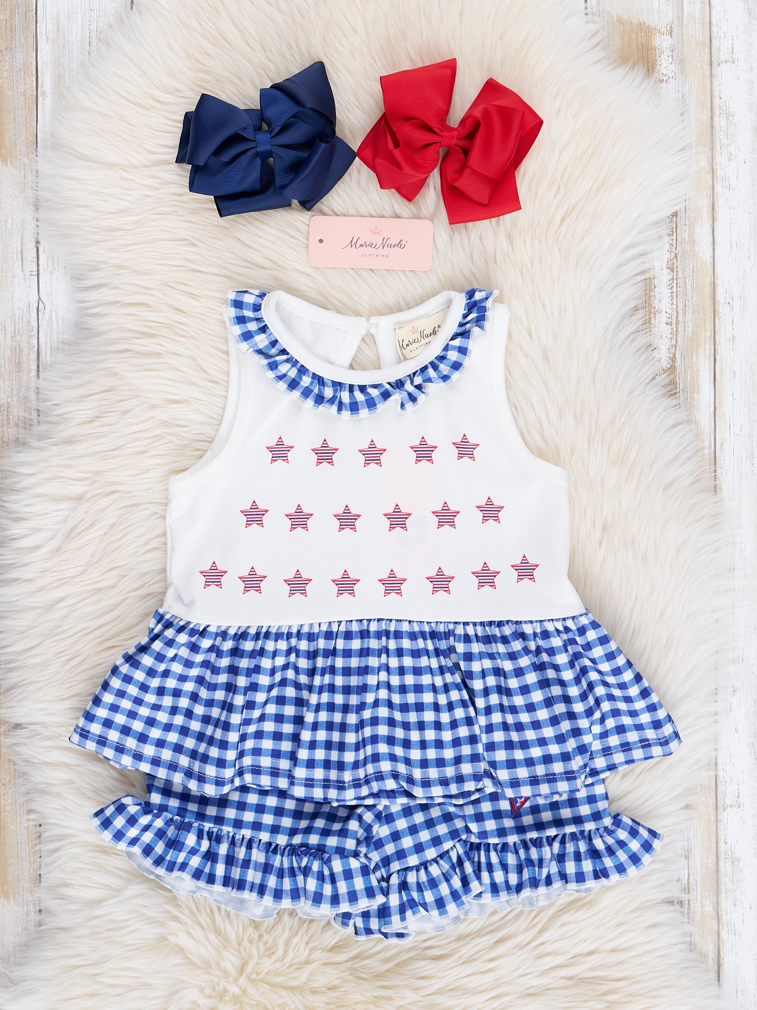 Blue Gingham Stars Ruffle Outfit - Marie Nicole Clothing