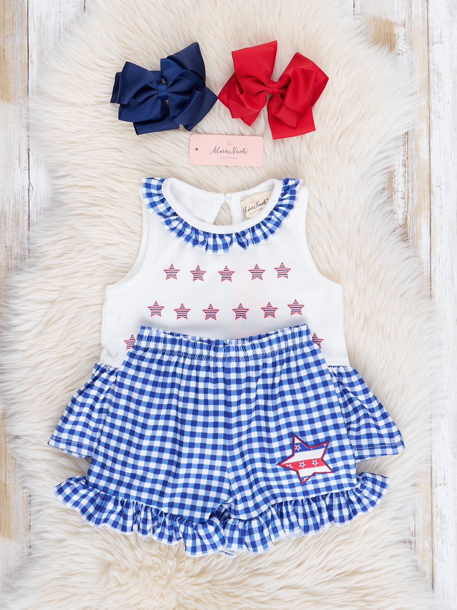 Blue Gingham Stars Ruffle Outfit - Marie Nicole Clothing