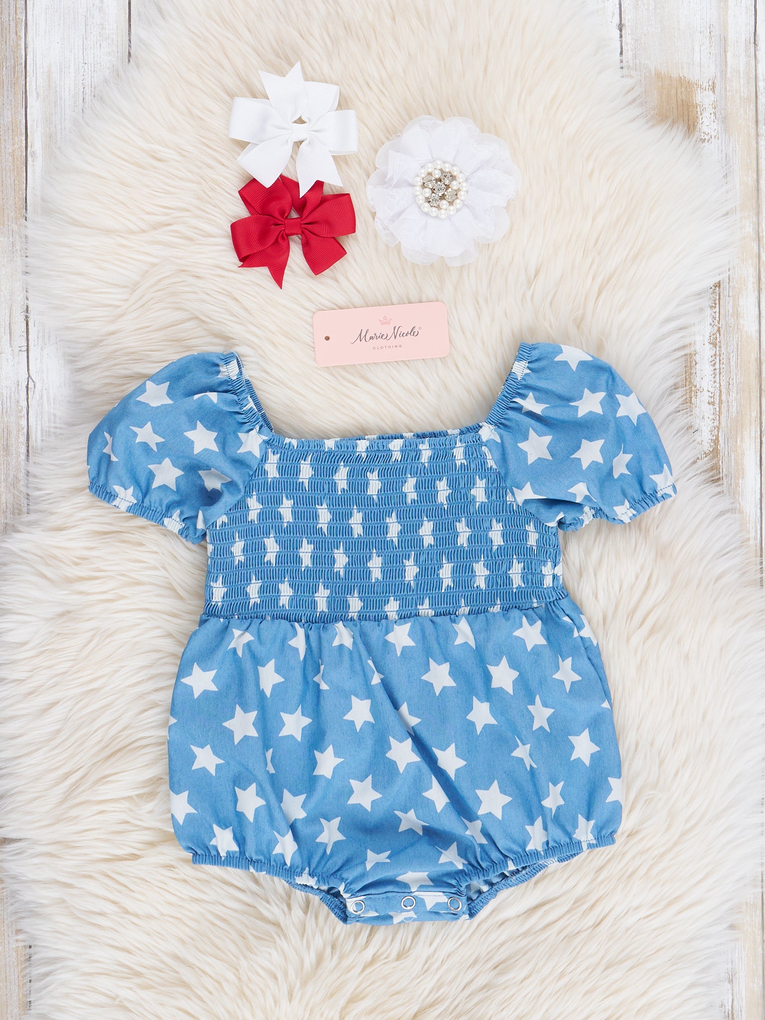 Chambray Stars Smocked Bubble Romper - Marie Nicole Clothing