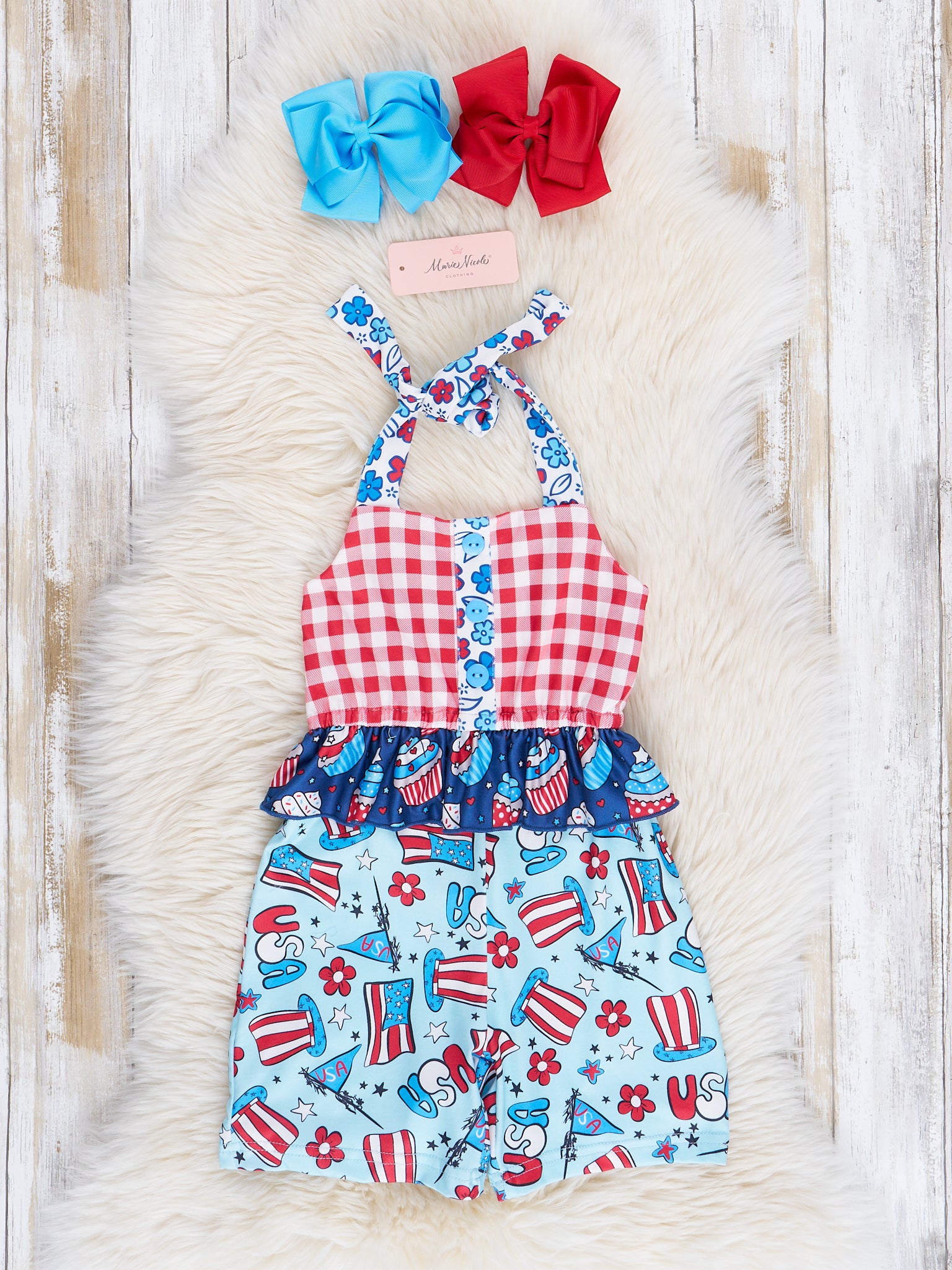 Red Gingham Patriotic Treats Romper - Marie Nicole Clothing
