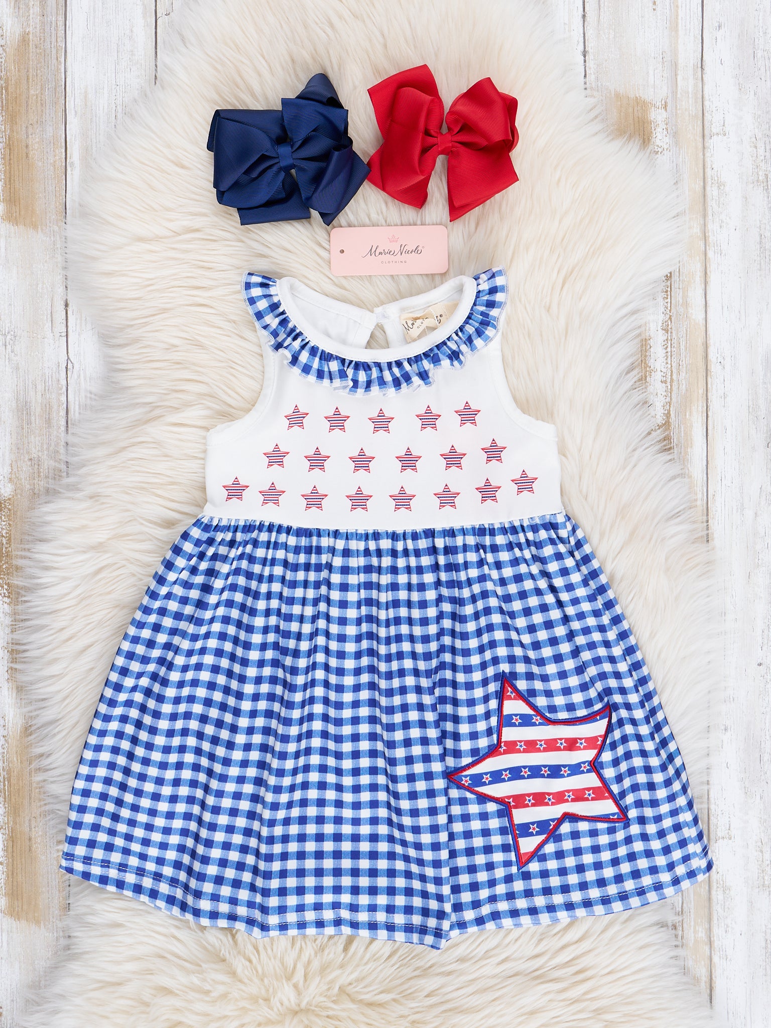 Blue Gingham Stars Ruffle Dress - Marie Nicole Clothing