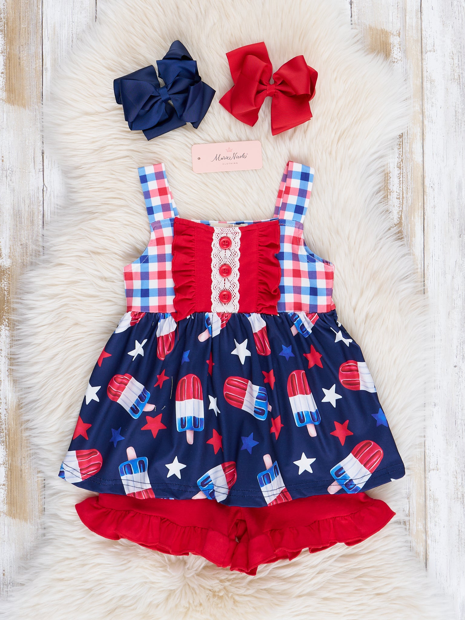 Red, White & Blue Gingham Treats Ruffle Outfit - Marie Nicole Clothing