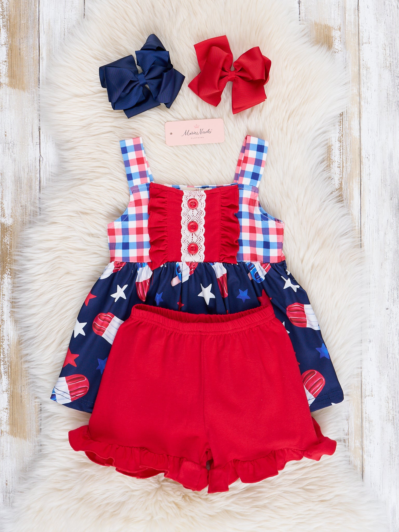 Red, White & Blue Gingham Treats Ruffle Outfit - Marie Nicole Clothing