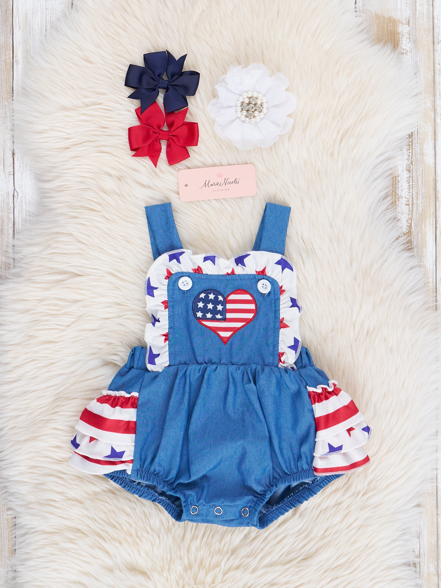 Chambray Stars & Stripes Ruffle Bubble Romper - Marie Nicole Clothing