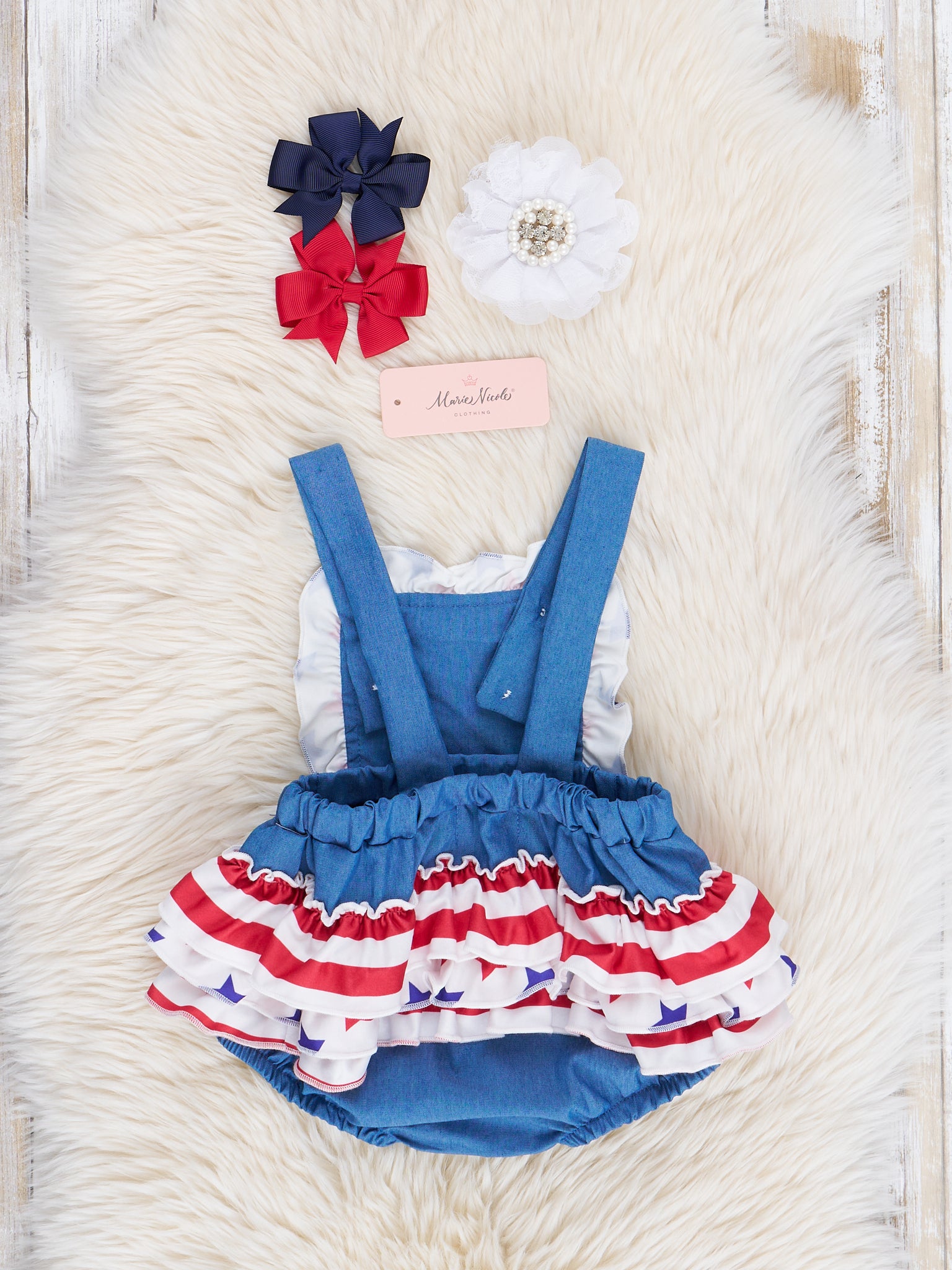 Chambray Stars & Stripes Ruffle Bubble Romper - Marie Nicole Clothing
