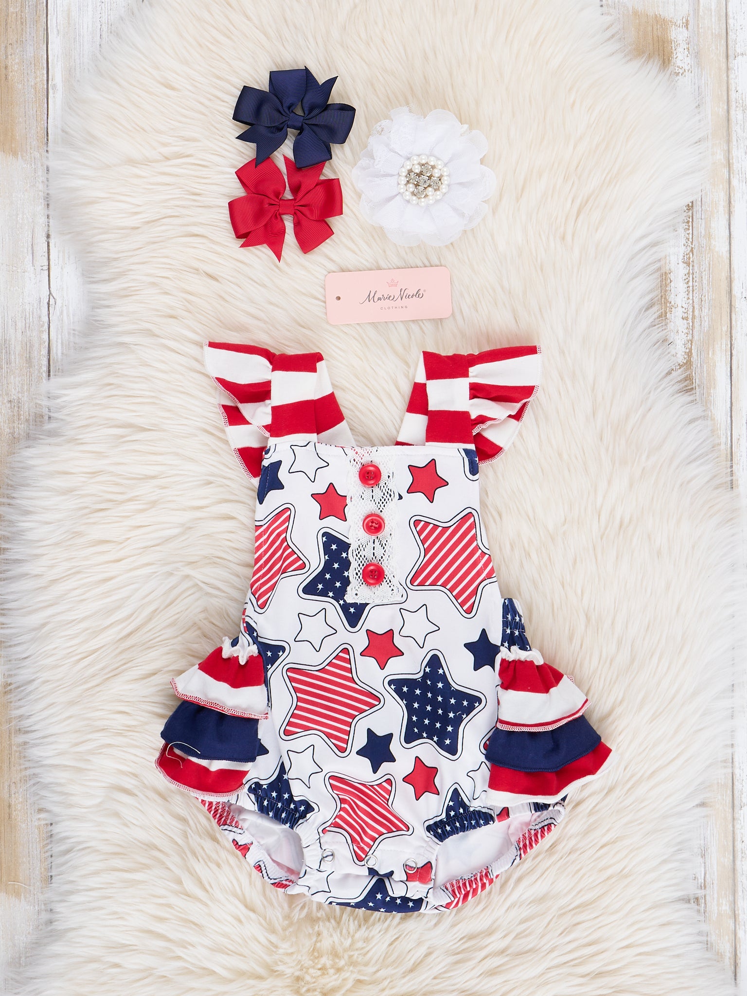 Stars & Stripes Ruffle Bubble Romper - Marie Nicole Clothing
