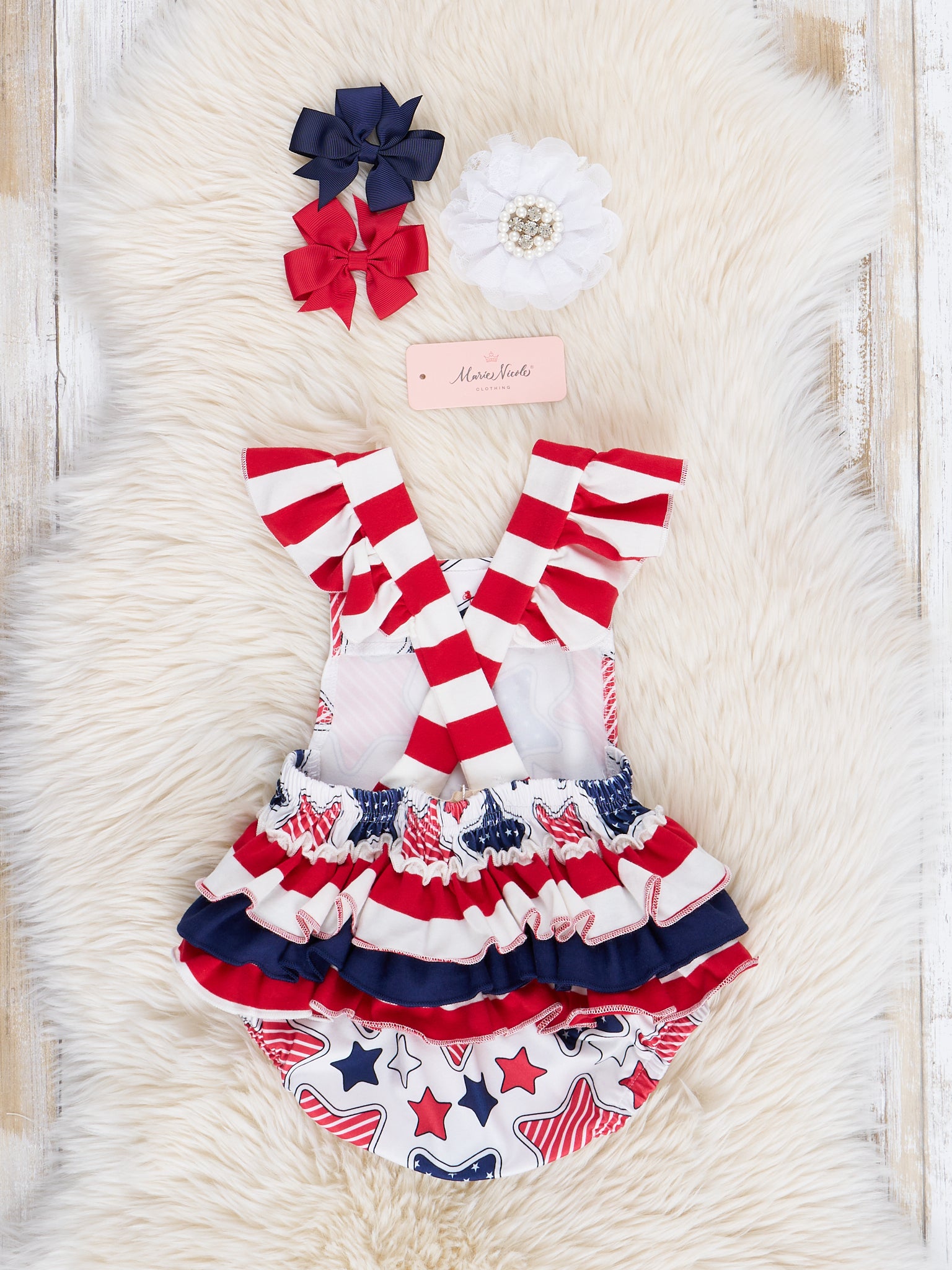 Stars & Stripes Ruffle Bubble Romper - Marie Nicole Clothing
