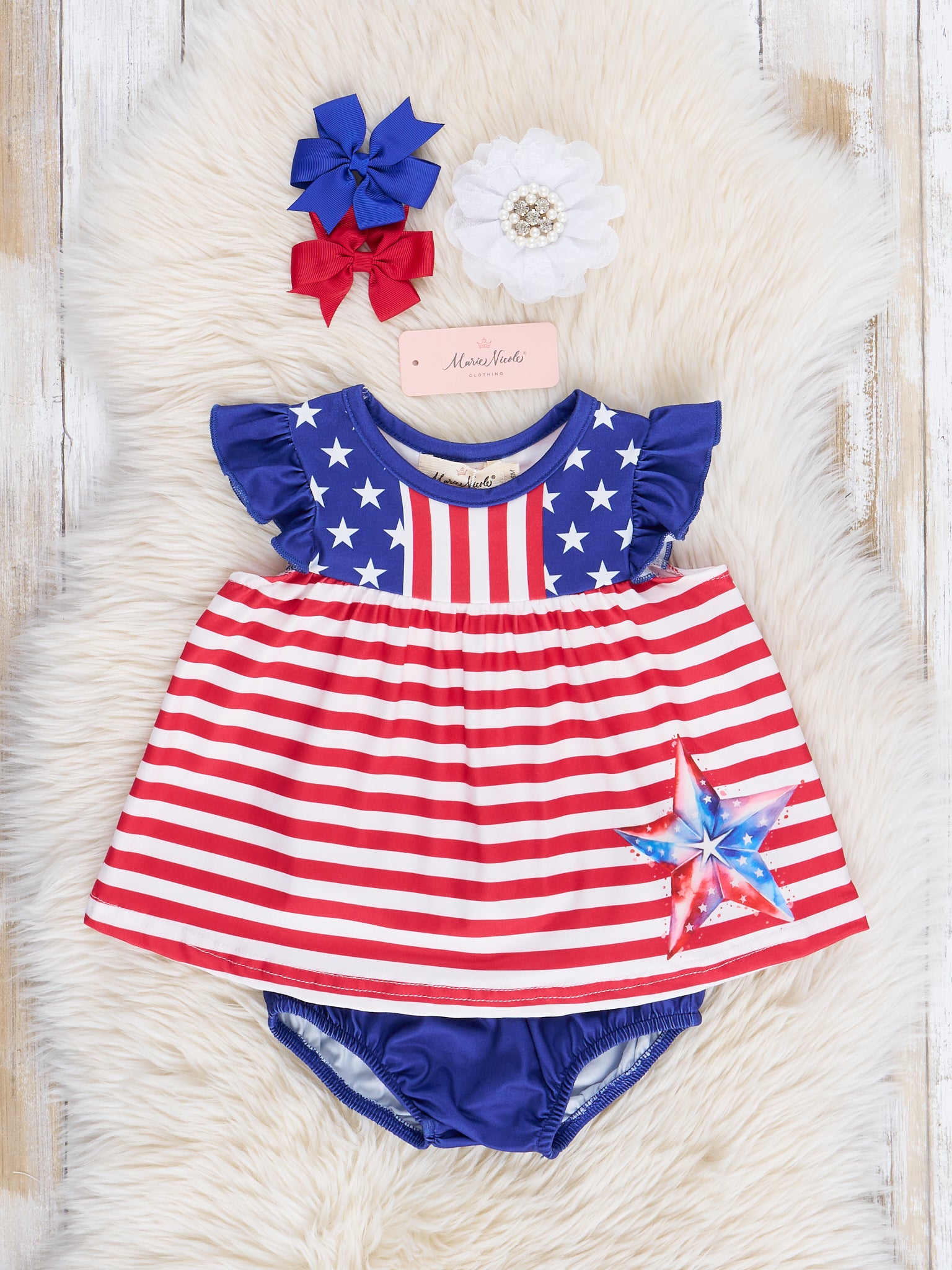 Patriotic Stars & Stripes Ruffle Bubble Romper - Marie Nicole Clothing