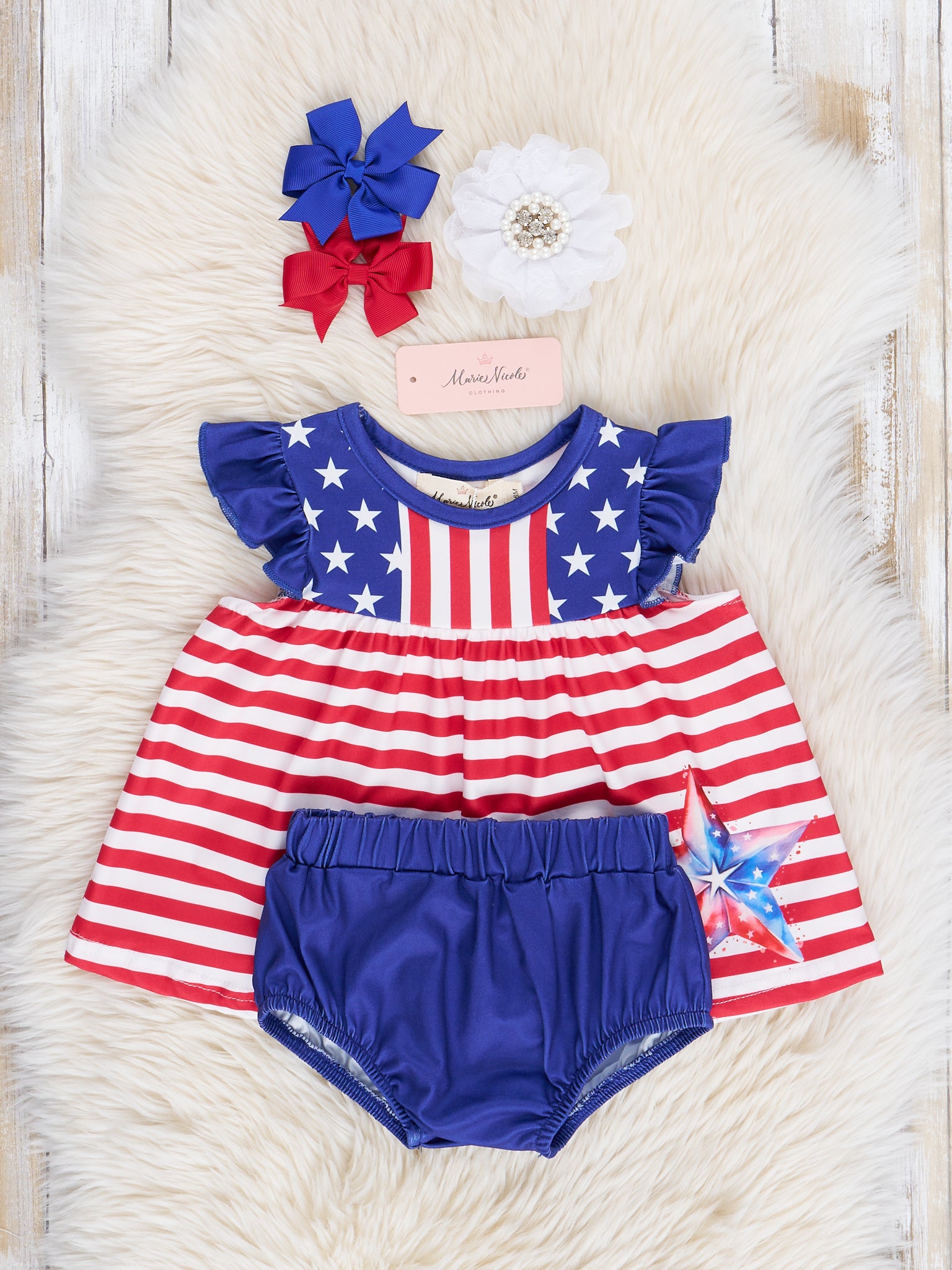 Patriotic Stars & Stripes Ruffle Bubble Romper - Marie Nicole Clothing