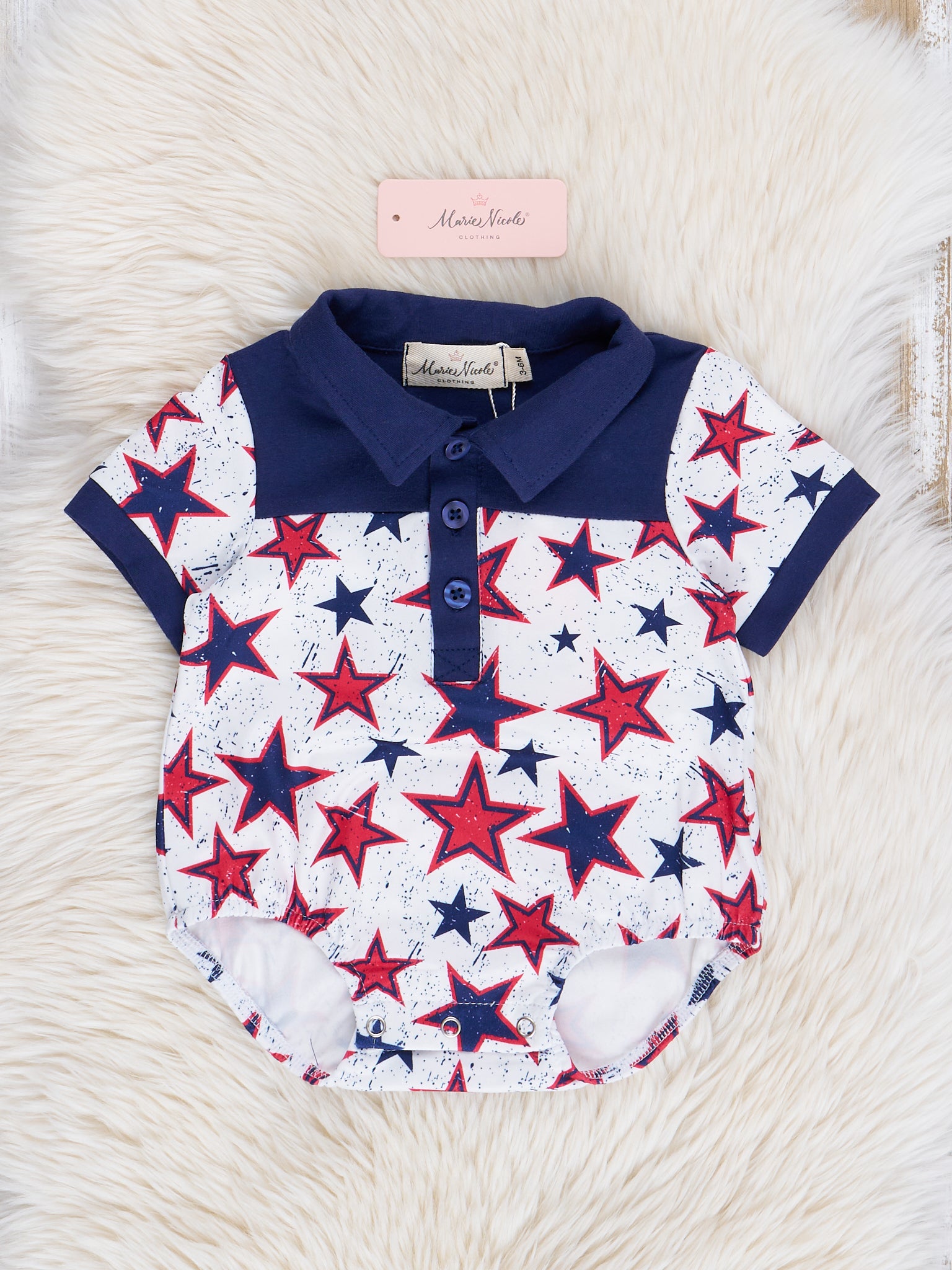 Navy & Red Stars Polo Bubble Romper - Marie Nicole Clothing