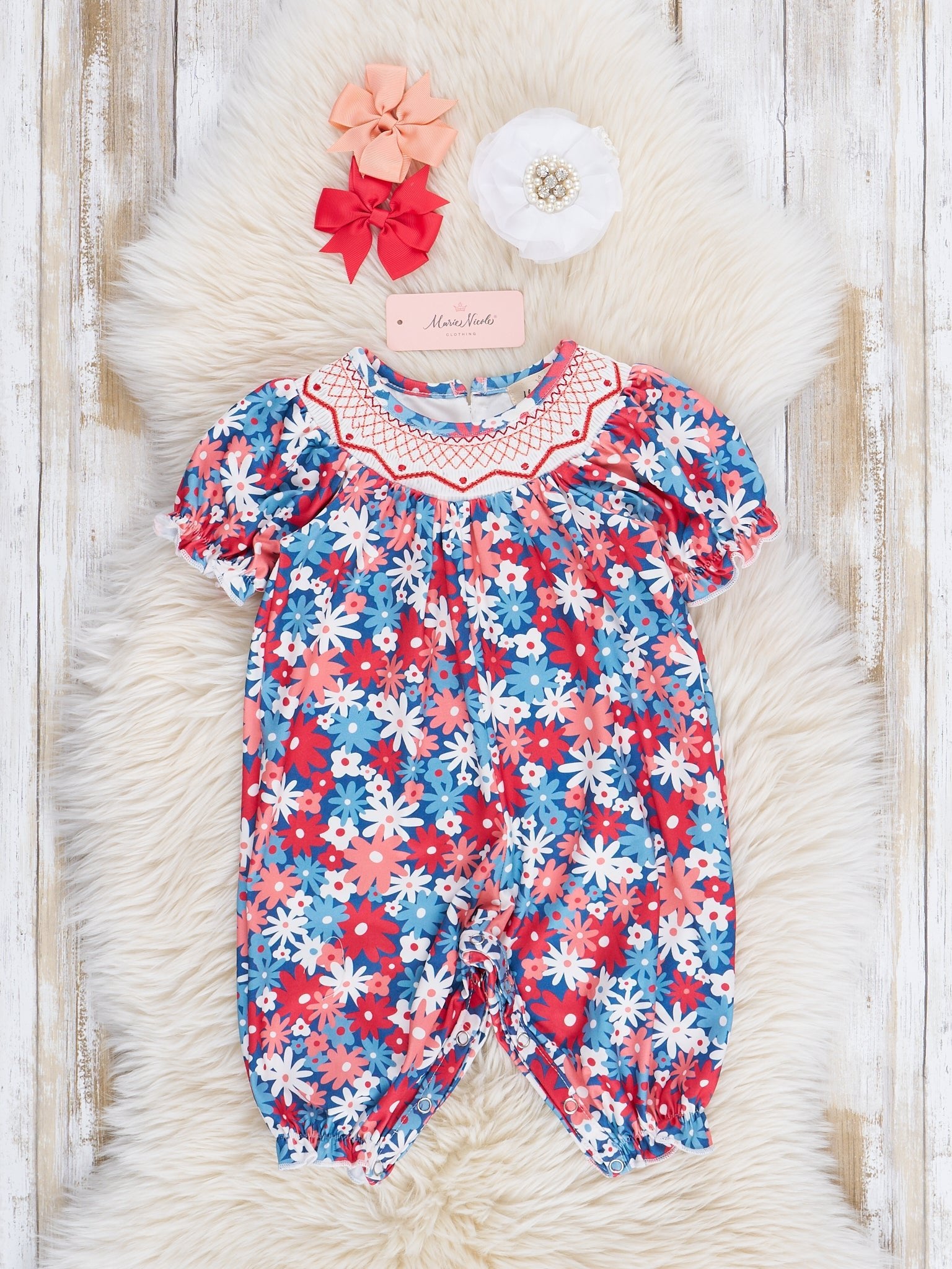 Red, White & Blue Daisies Smocked Romper - Marie Nicole Clothing