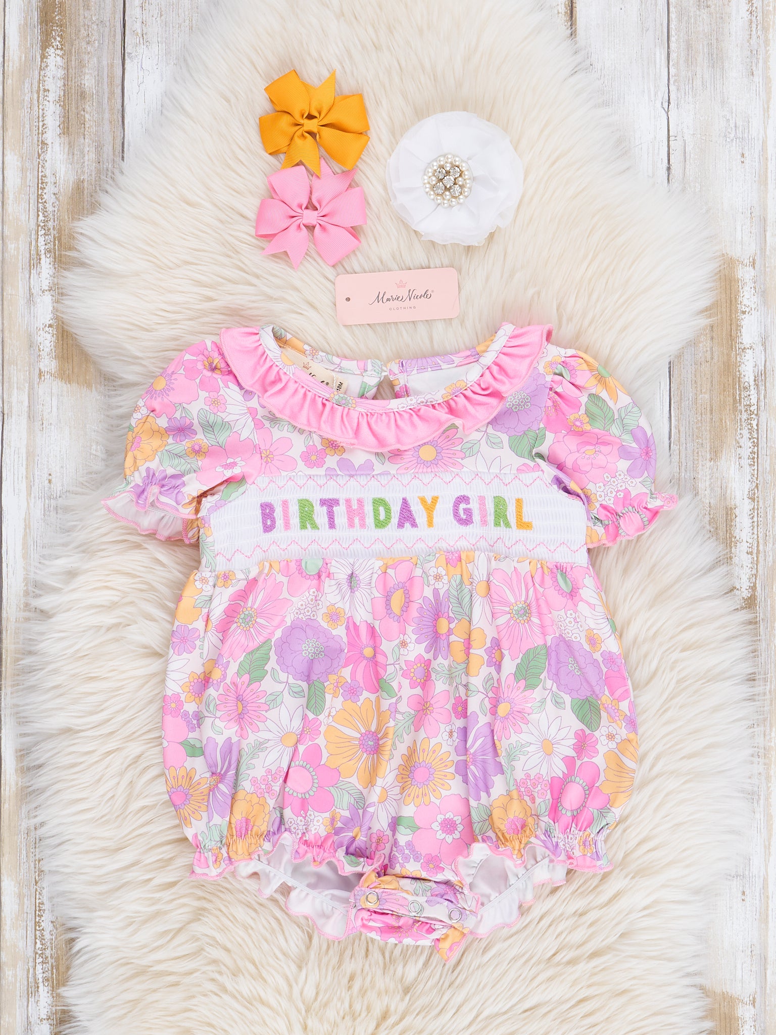 Pink & Purple Floral Birthday Girl Smocked Bubble Romper - Marie Nicole Clothing