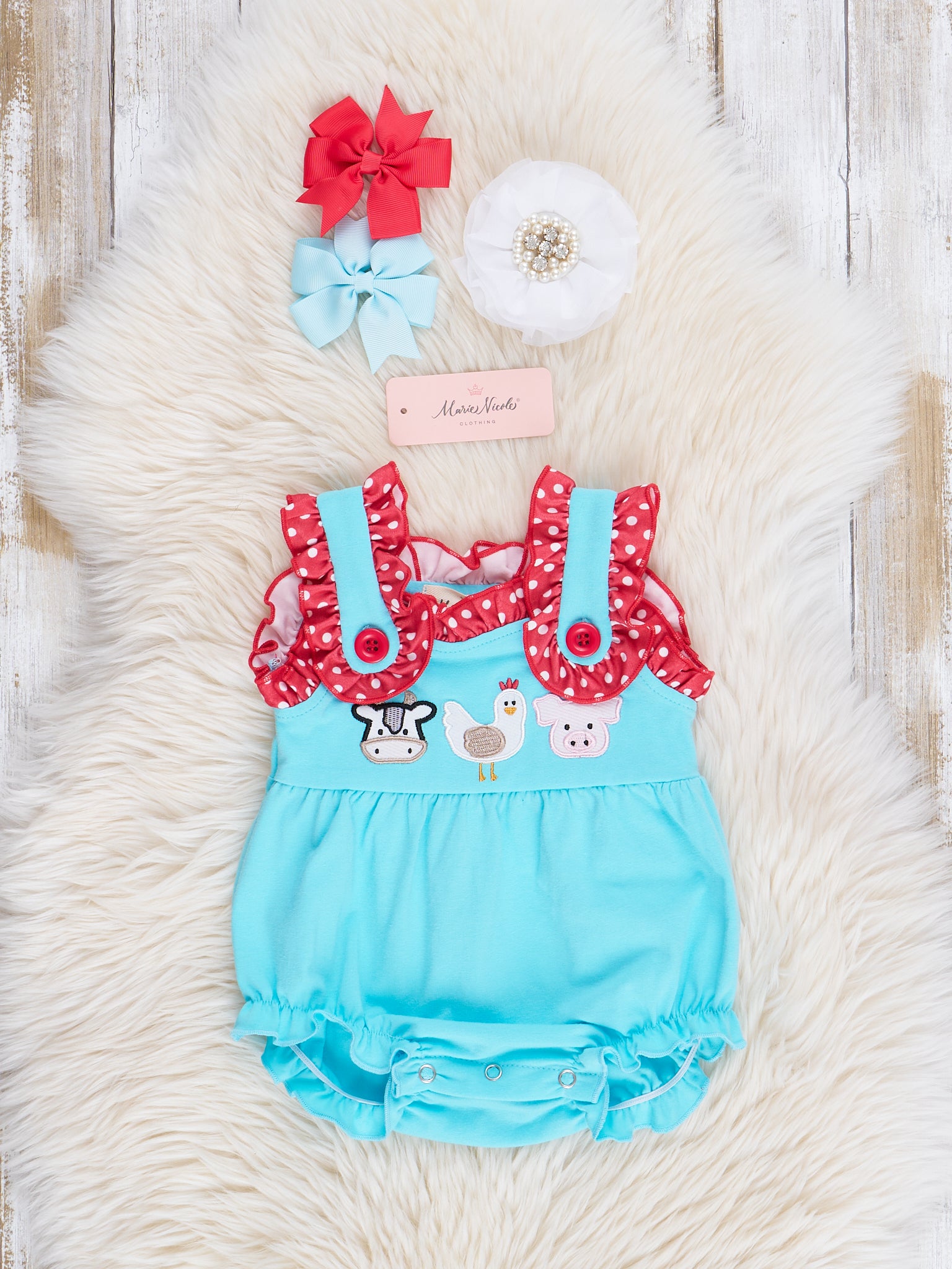 Turquoise Embroidered Farm Friends Ruffle Bubble Romper - Marie Nicole Clothing