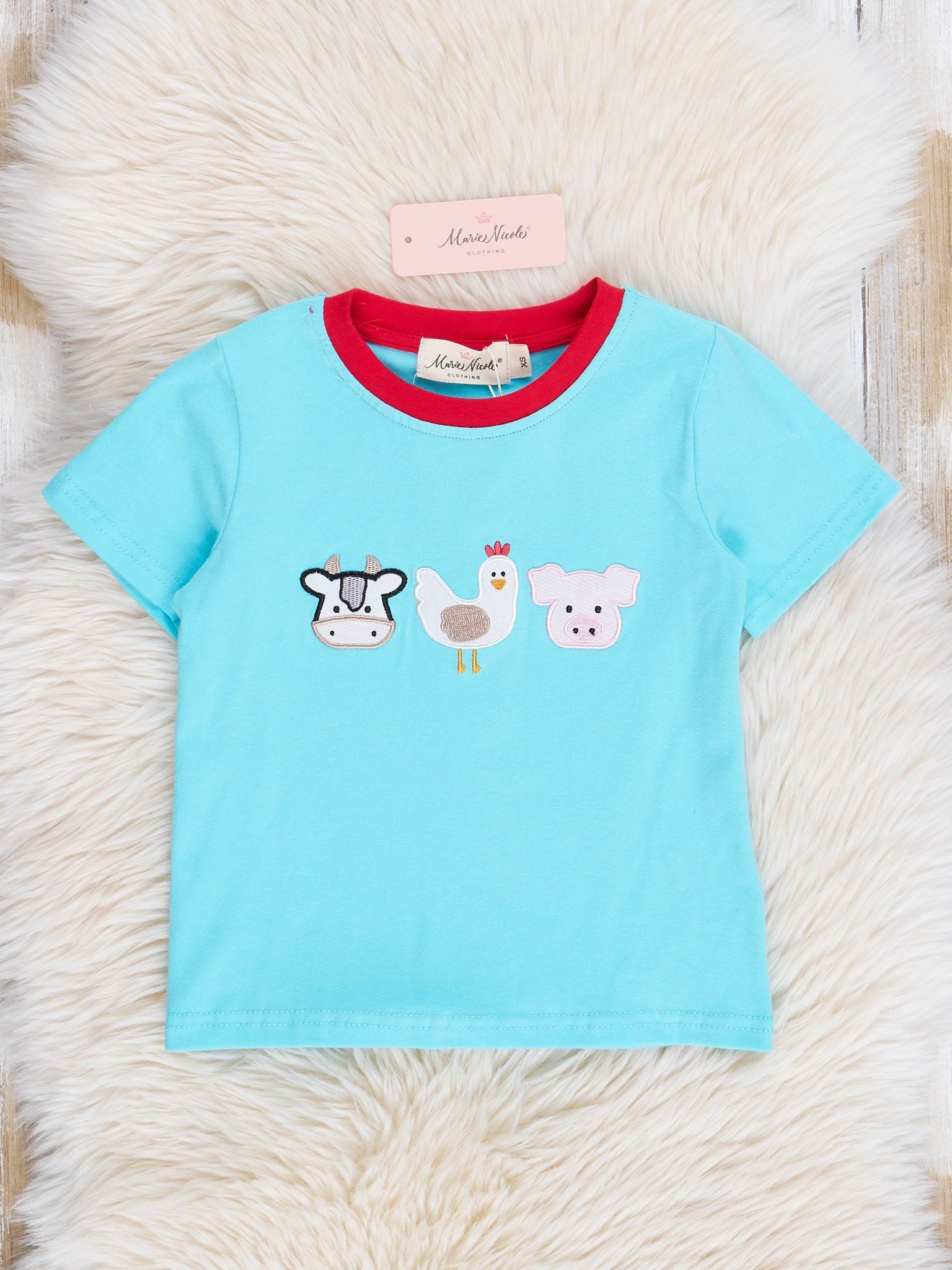 Turquoise Embroidered Farm Friends Shirt - Marie Nicole Clothing