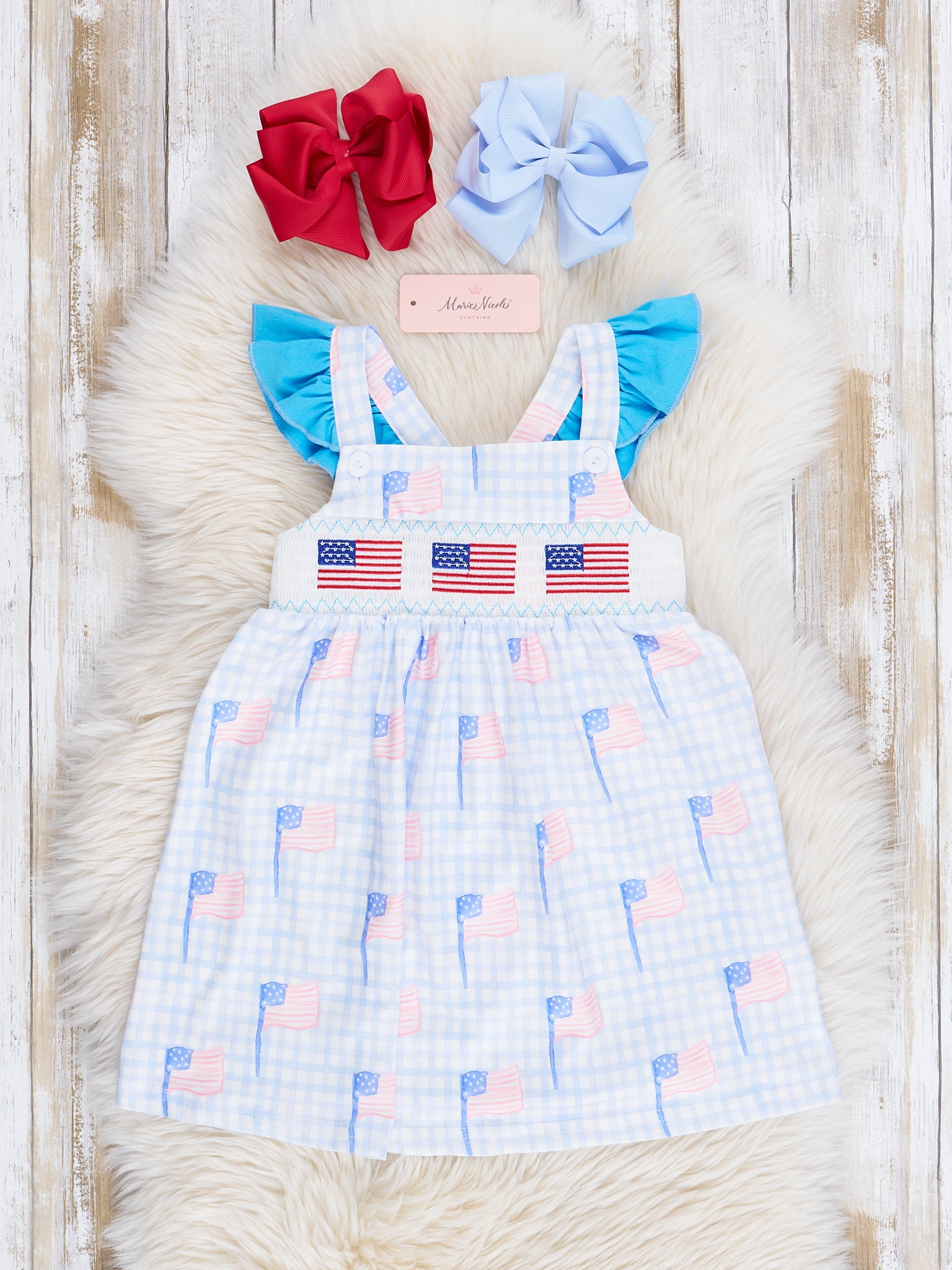 Blue Gingham American Flag Smocked Dress - Marie Nicole Clothing