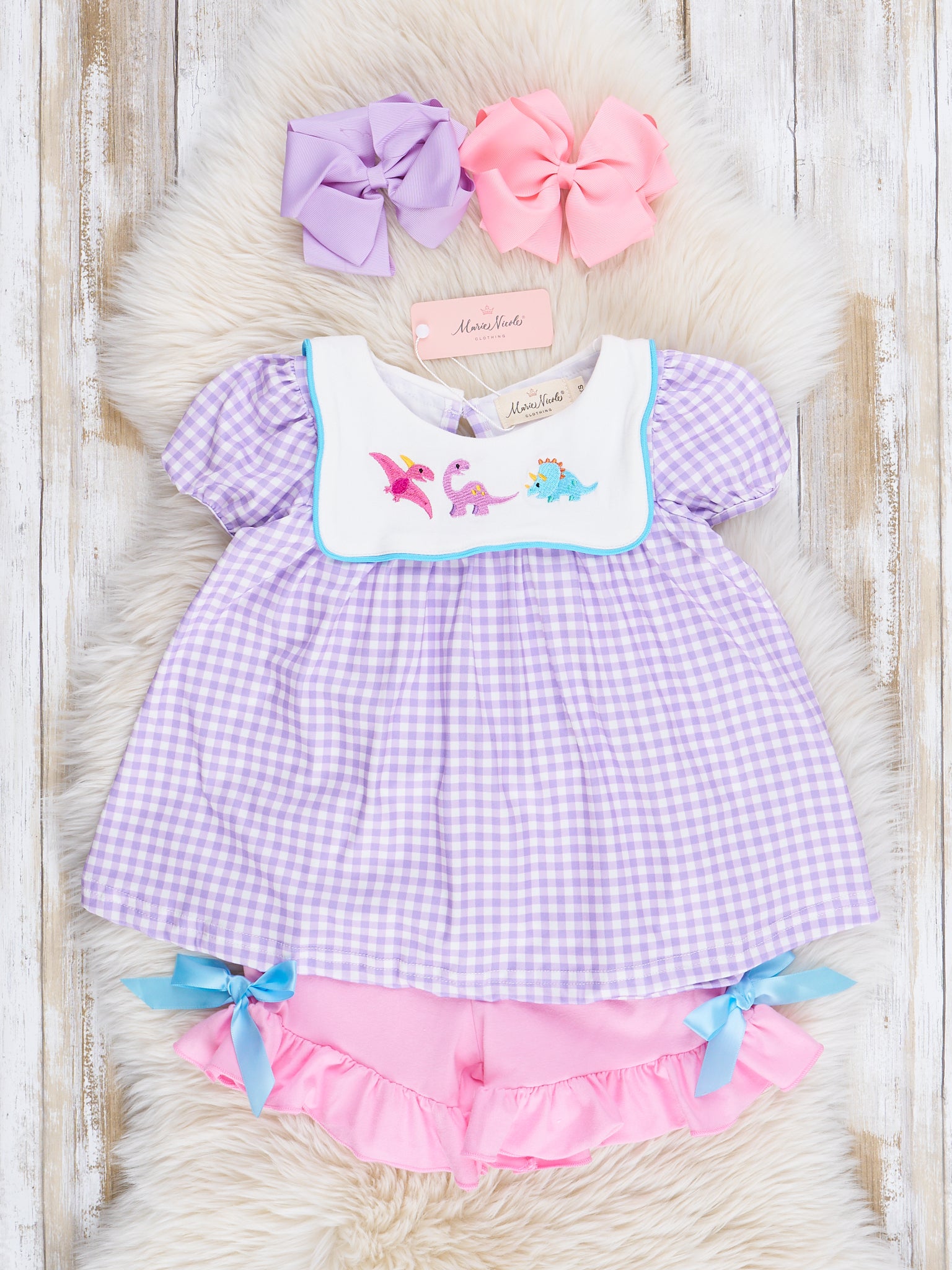 Purple Gingham Dino Bib Collar Ruffle Outfit - Marie Nicole Clothing