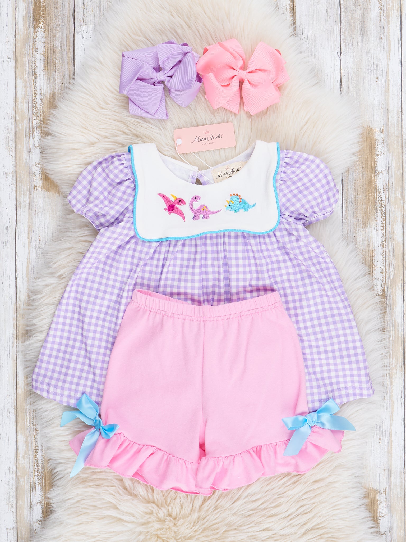 Purple Gingham Dino Bib Collar Ruffle Outfit - Marie Nicole Clothing
