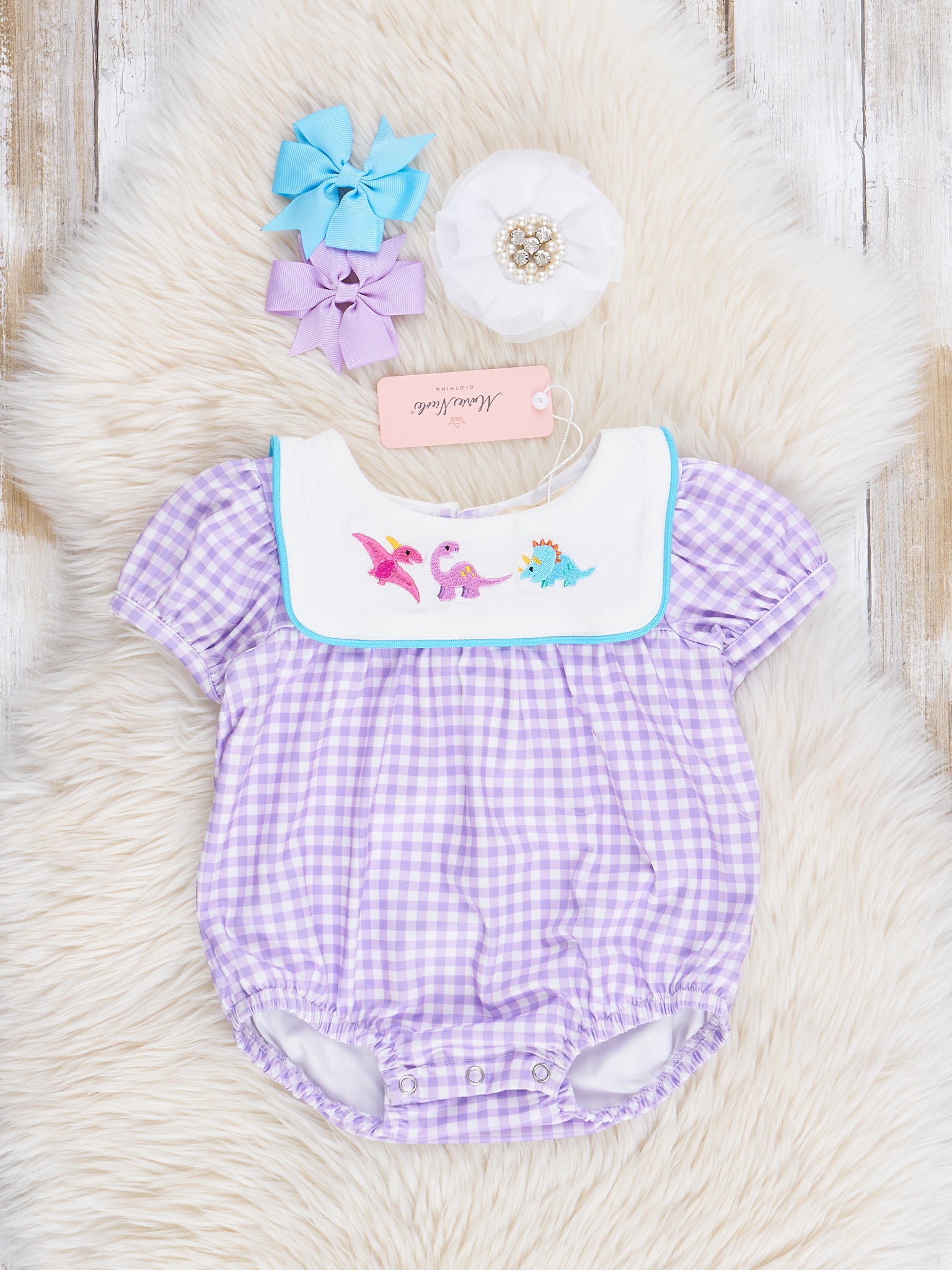 Purple Gingham Dino Bib Collar Ruffle Bubble Romper - Marie Nicole Clothing