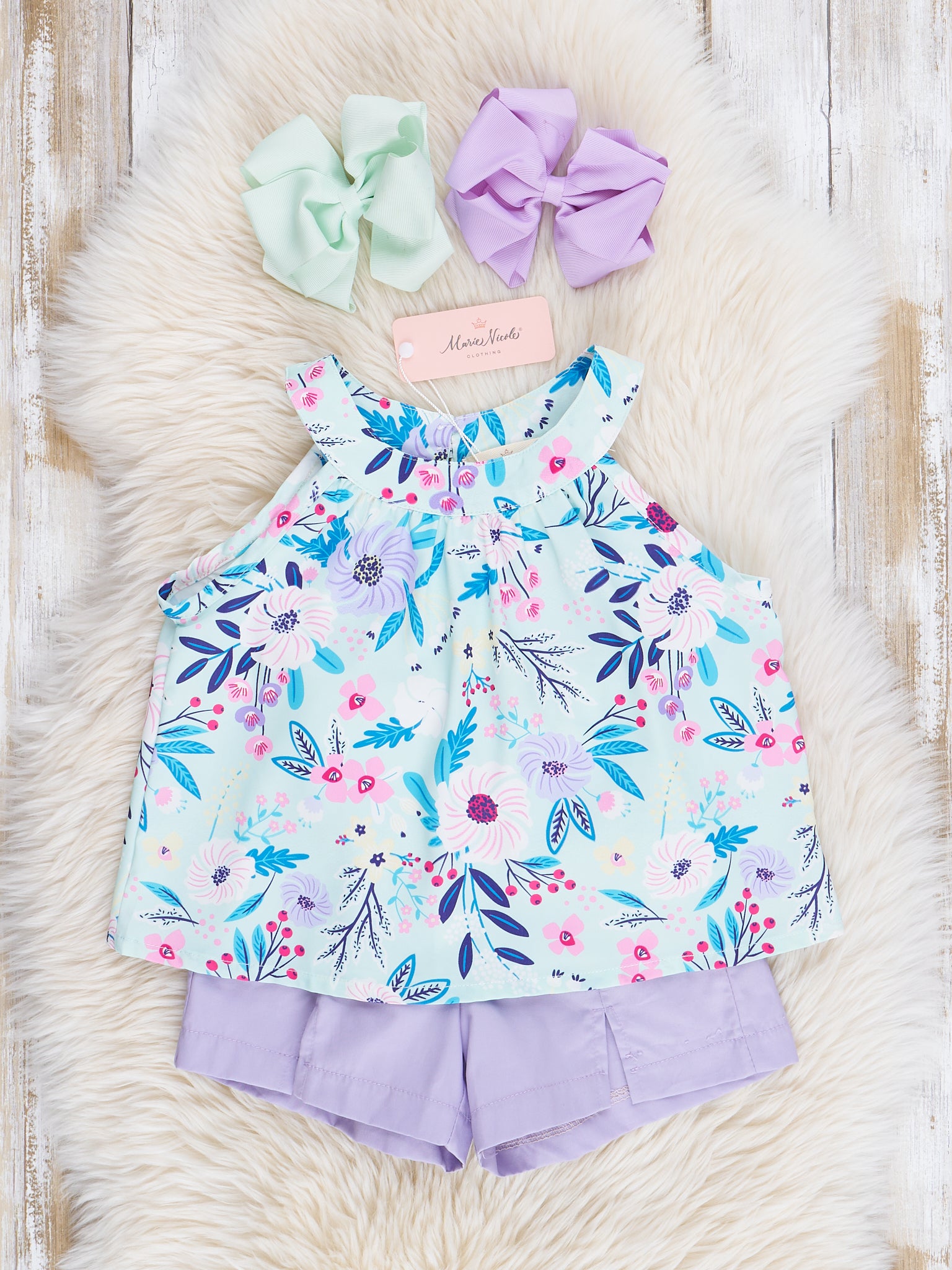 Lavender & Blue Floral Sailor Shorts Outfit - Marie Nicole Clothing